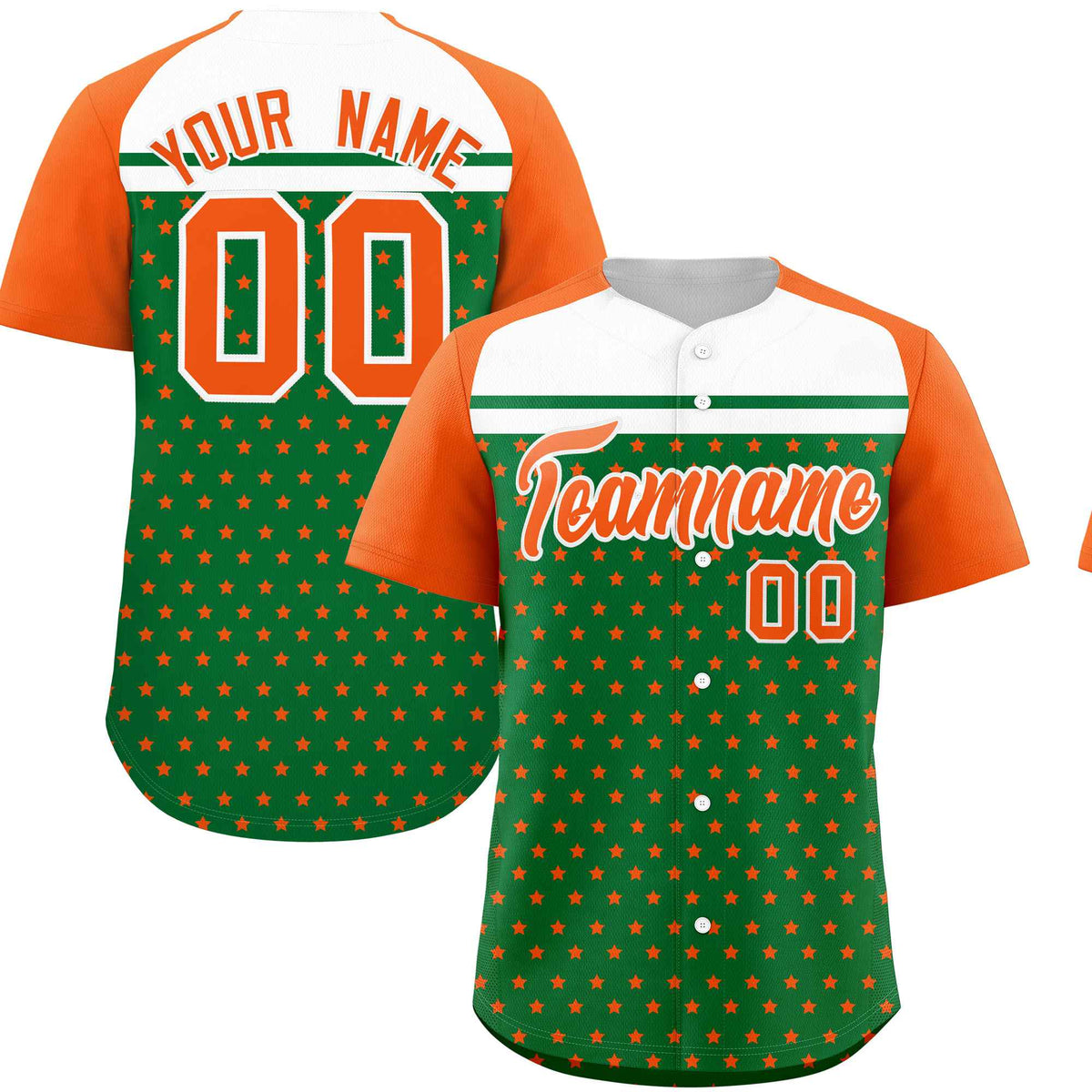 Custom Kelly Green Orange-White Raglan Sleeve Personalized Star Print Authentic Baseball Jersey