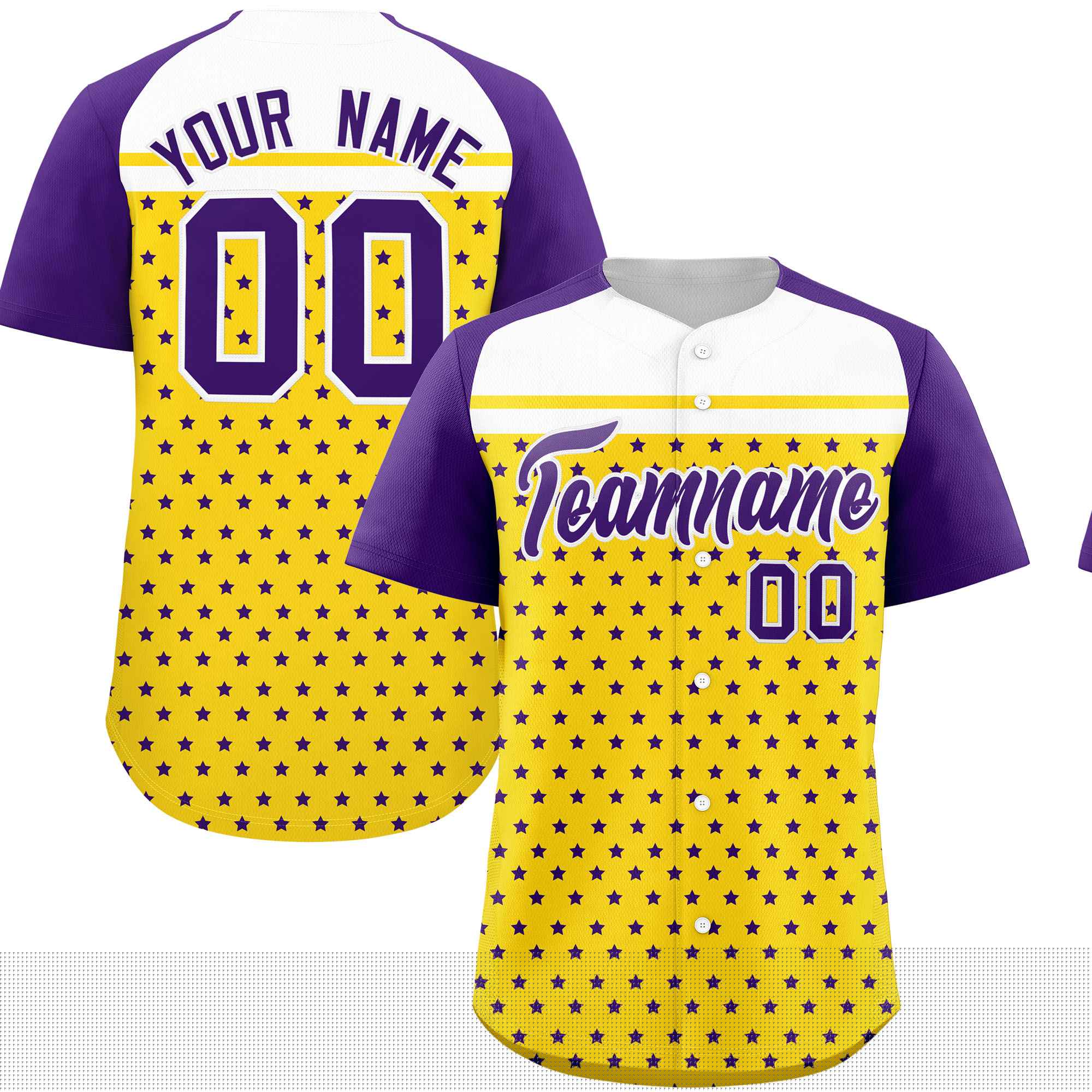 Custom Gold Purple-White Raglan Sleeve Personalized Star Print Authentic Baseball Jersey