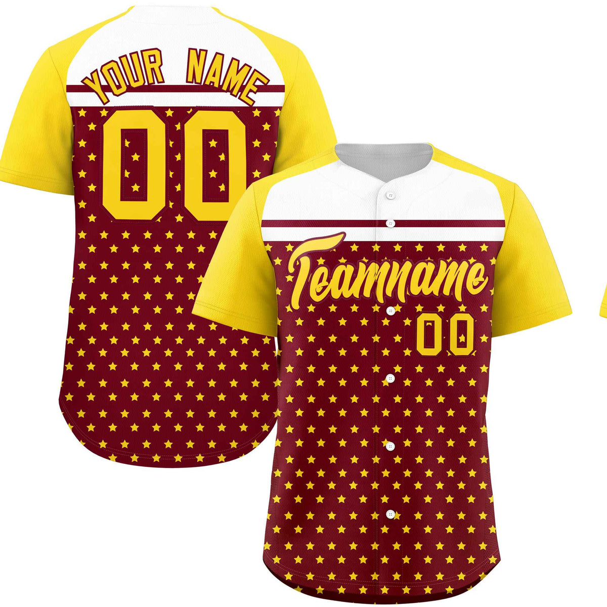 Custom Crimson Gold-White Raglan Sleeve Personalized Star Print Authentic Baseball Jersey