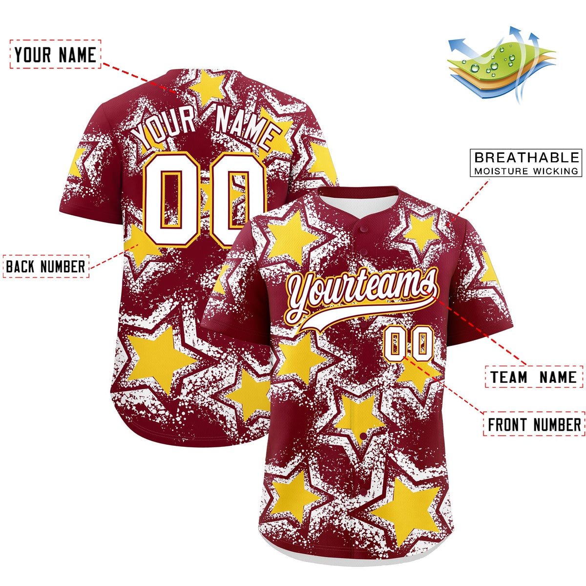 Custom Crimson White Gold Star Graffiti Team Baseball Jerseys With Custom Names, Numbers &amp; Logos Stretch Fabric Baseball Jersey| KXKSHOP