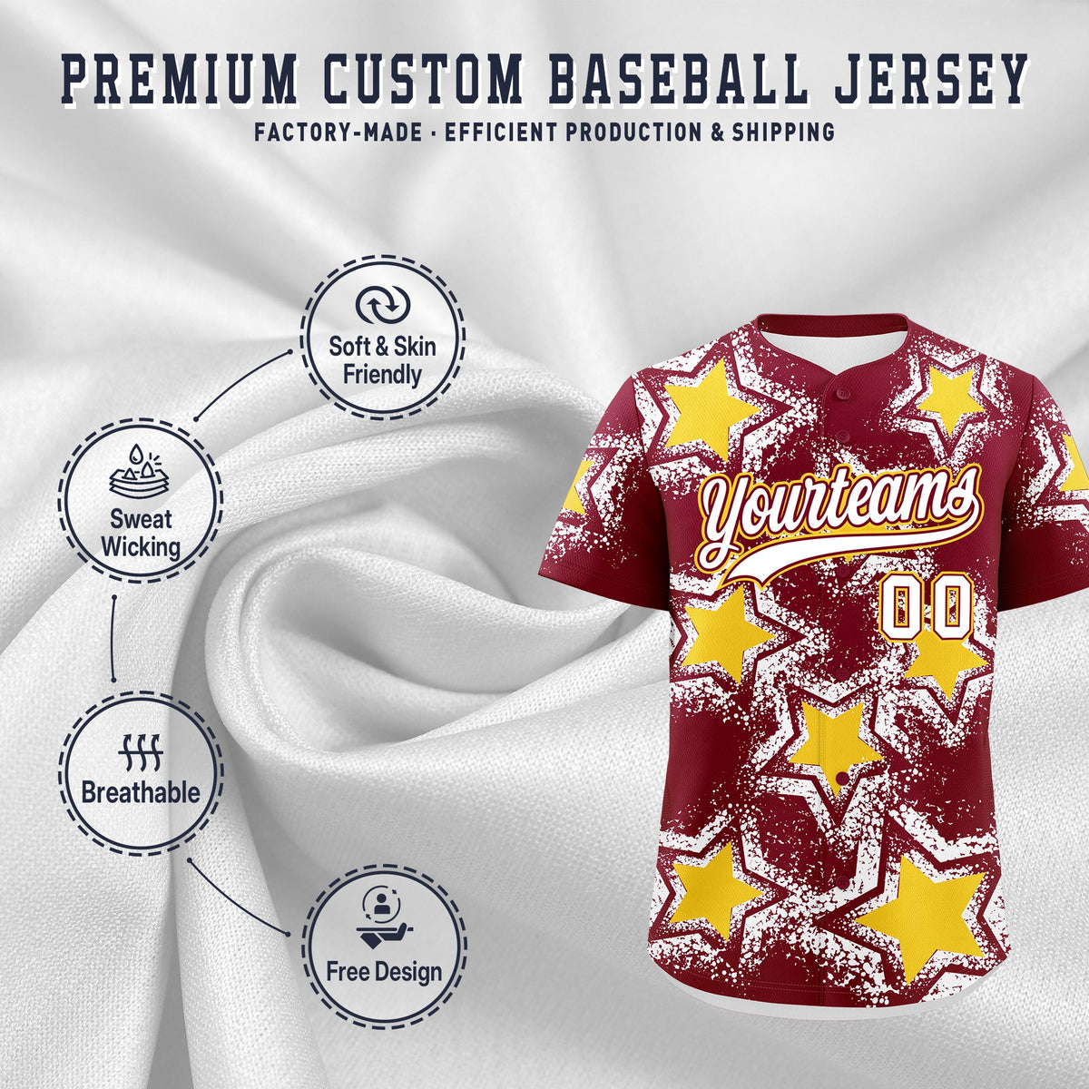 Custom Crimson White Gold Star Graffiti Team Baseball Jerseys With Custom Names, Numbers &amp; Logos Stretch Fabric Baseball Jersey| KXKSHOP