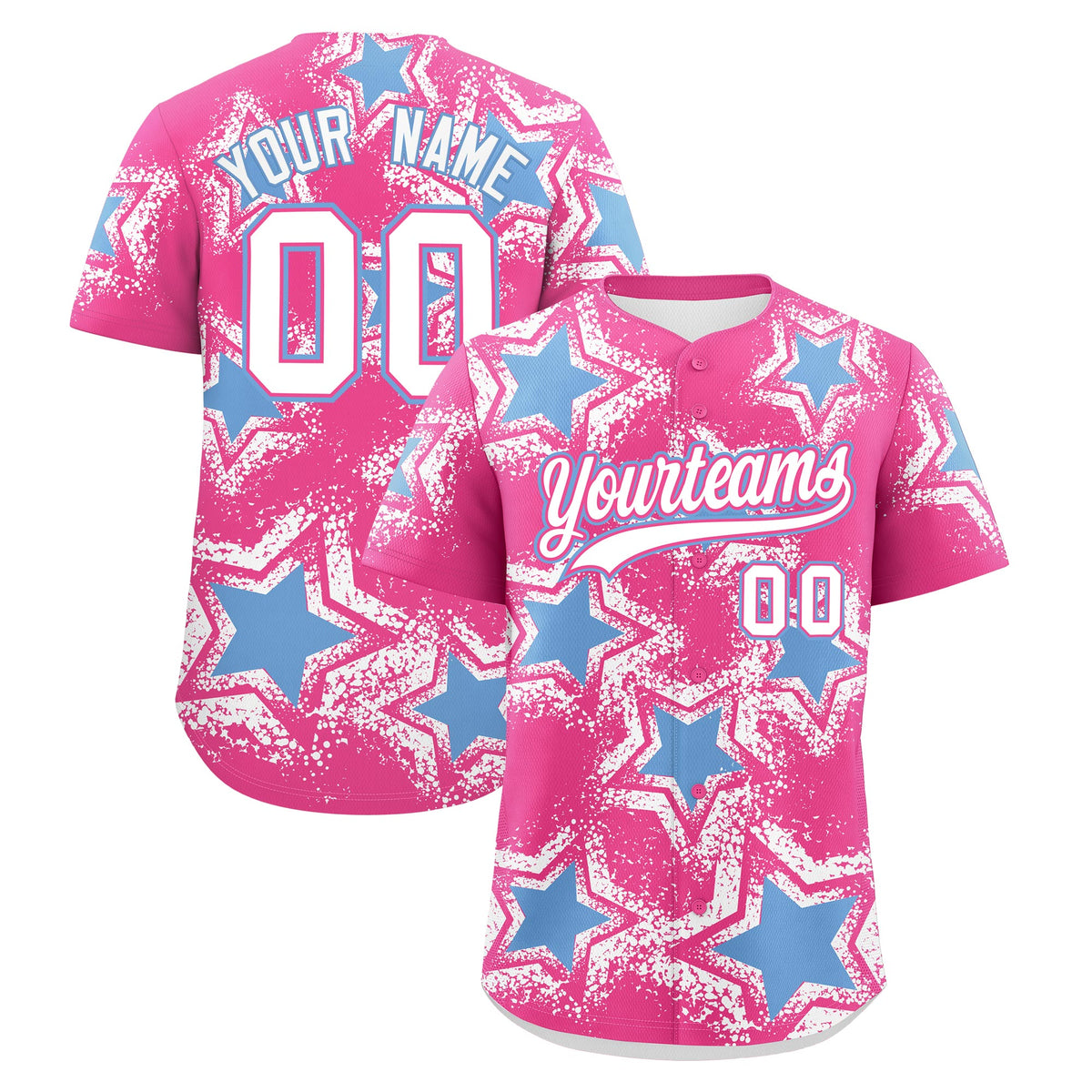 Custom Pink White Light Blue Star Graffiti Team Baseball Jerseys With Custom Names, Numbers &amp; Logos Lightweight Baseball Jersey| KXKSHOP