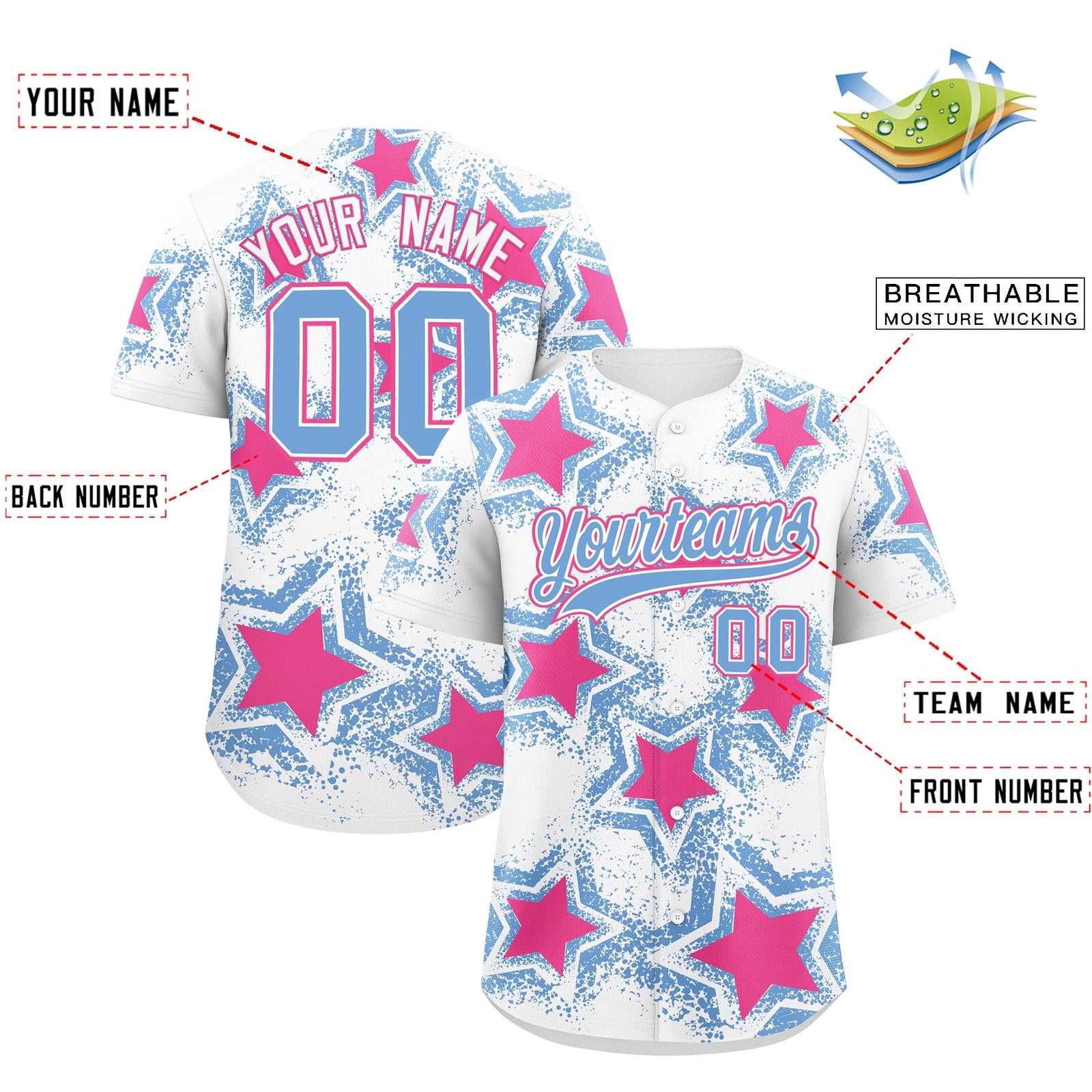 Custom White Light Blue Pink Star Graffiti Team Baseball Jerseys With Custom Names, Numbers & Logos Stretch Fabric Baseball Jersey| KXKSHOP