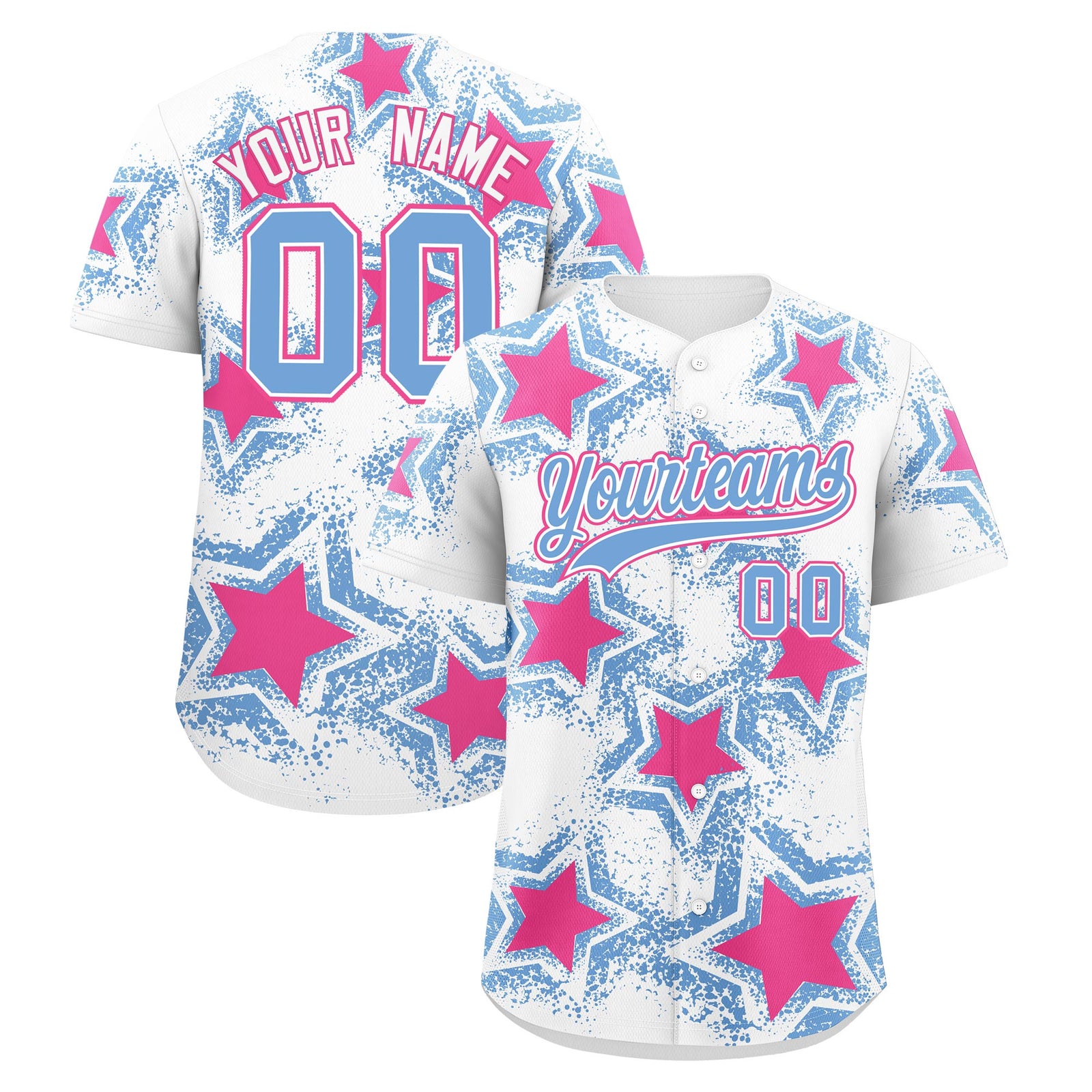 Custom White Light Blue Pink Star Graffiti Team Baseball Jerseys With Custom Names, Numbers & Logos Stretch Fabric Baseball Jersey| KXKSHOP