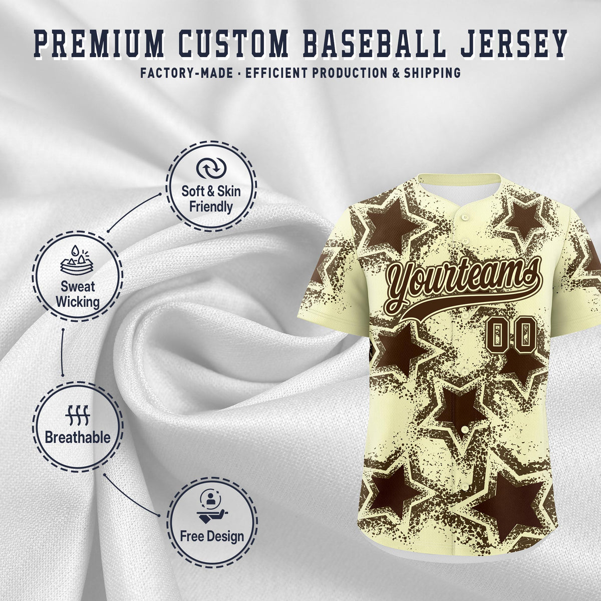 Custom Cream Light Brown Brown Star Graffiti Team Baseball Jerseys With Custom Names, Numbers &amp; Logos Lightweight Baseball Jersey| KXKSHOP