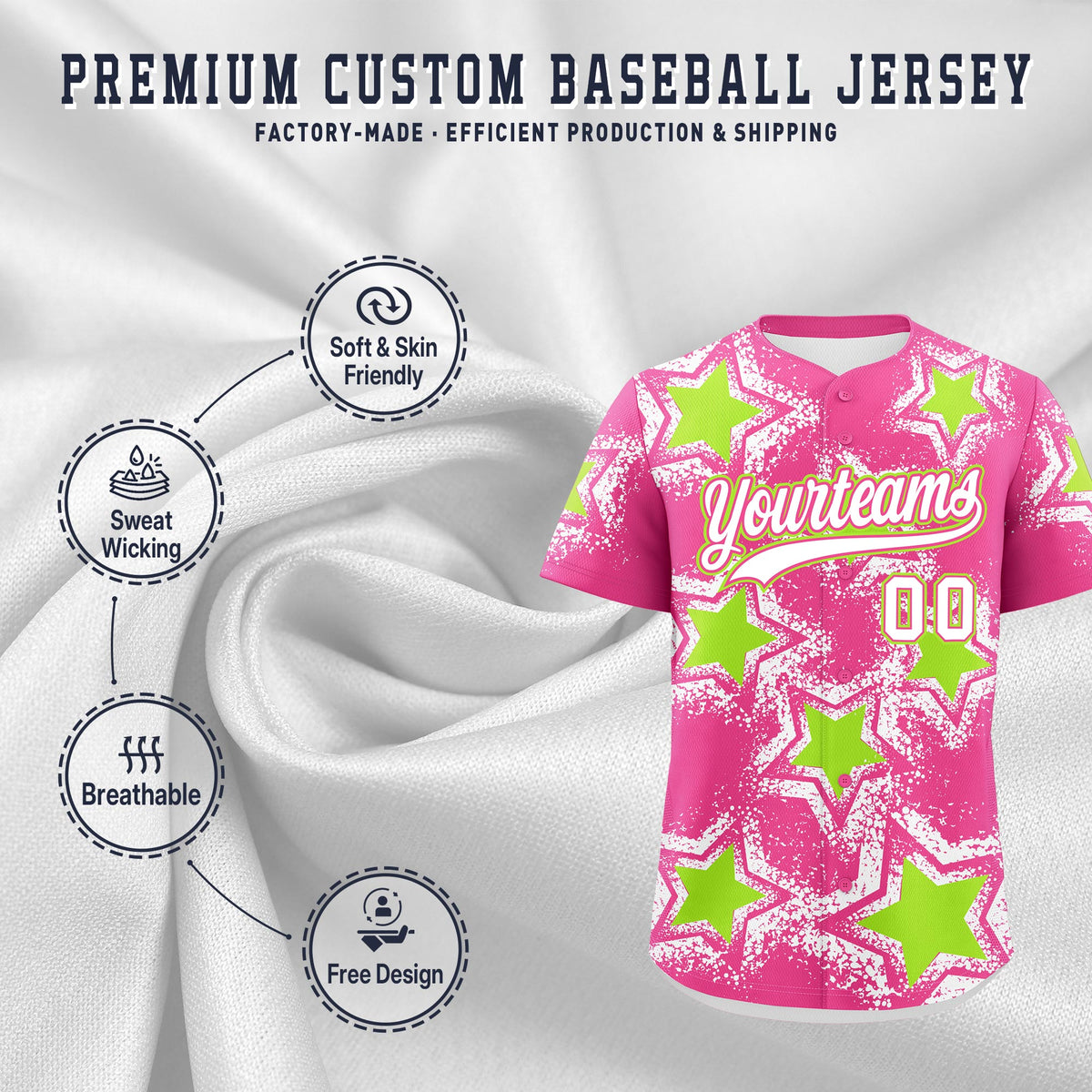 Custom Pink White Neon Green Star Graffiti Team Baseball Jerseys With Custom Names, Numbers &amp; Logos Lightweight Baseball Jersey| KXKSHOP