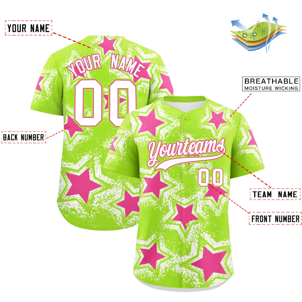 Custom Neon Green White Pink Star Graffiti Team Baseball Jerseys With Custom Names, Numbers &amp; Logos Stretch Fabric Baseball Jersey| KXKSHOP