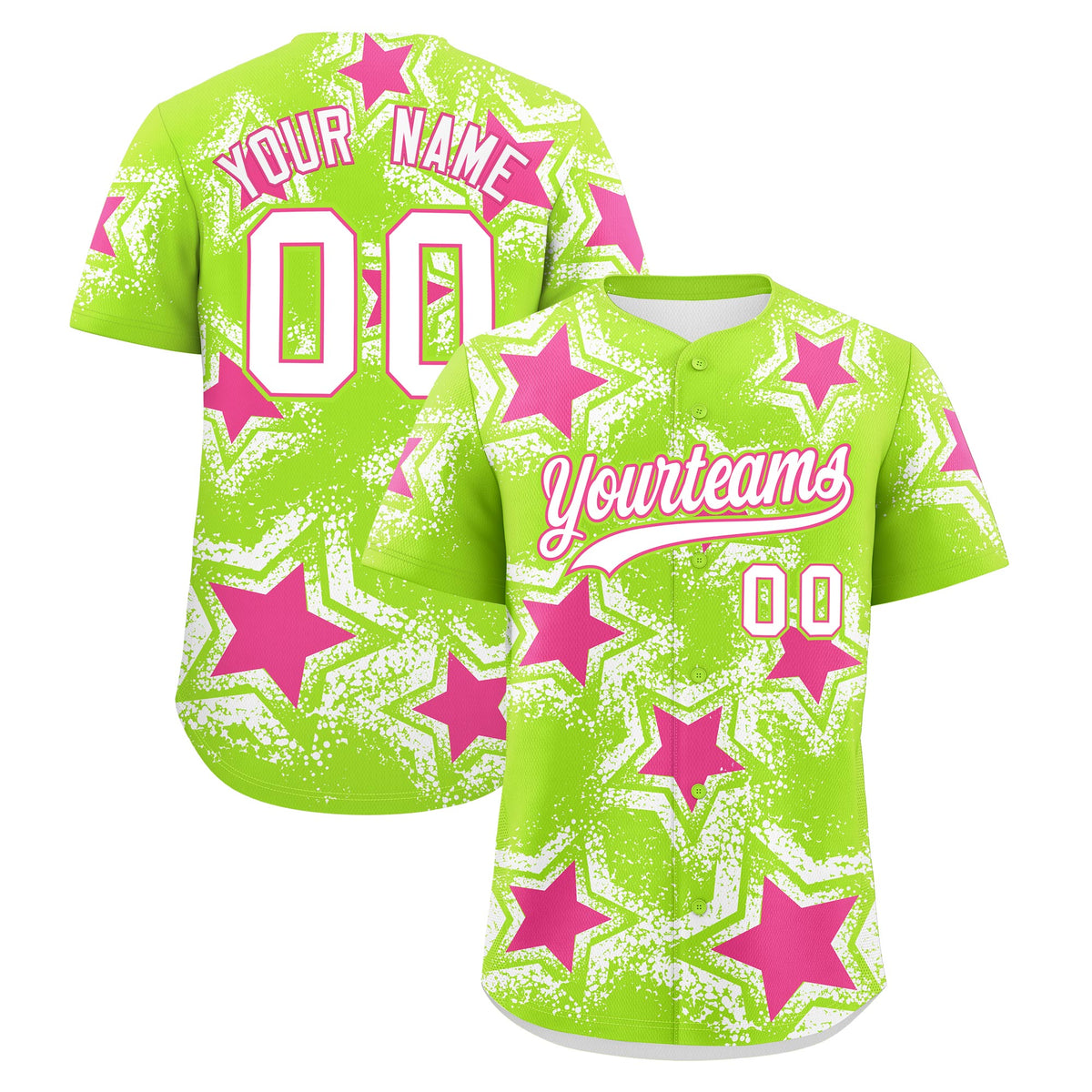 Custom Neon Green White Pink Star Graffiti Team Baseball Jerseys With Custom Names, Numbers &amp; Logos Stretch Fabric Baseball Jersey| KXKSHOP