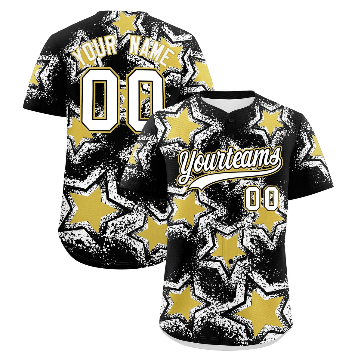Custom Black White Old Gold Star Graffiti Team Baseball Jerseys With Custom Names, Numbers &amp; Logos Lightweight Baseball Jersey| KXKSHOP