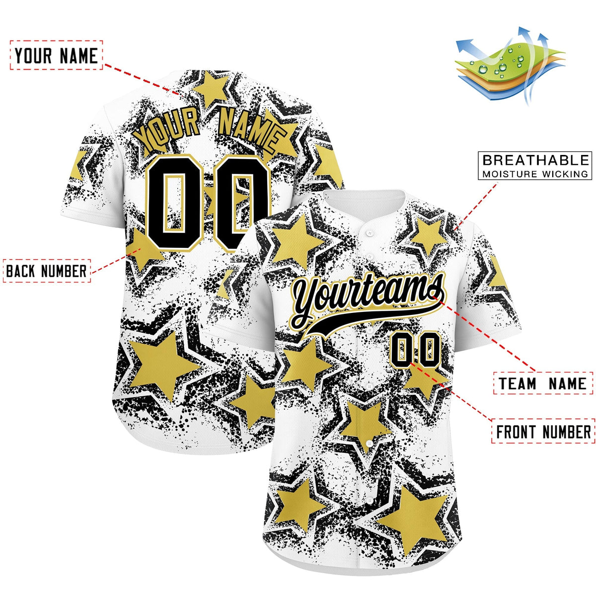 Custom White Black Old Gold Star Graffiti Team Baseball Jerseys With Custom Names, Numbers &amp; Logos Stretch Fabric Baseball Jersey| KXKSHOP
