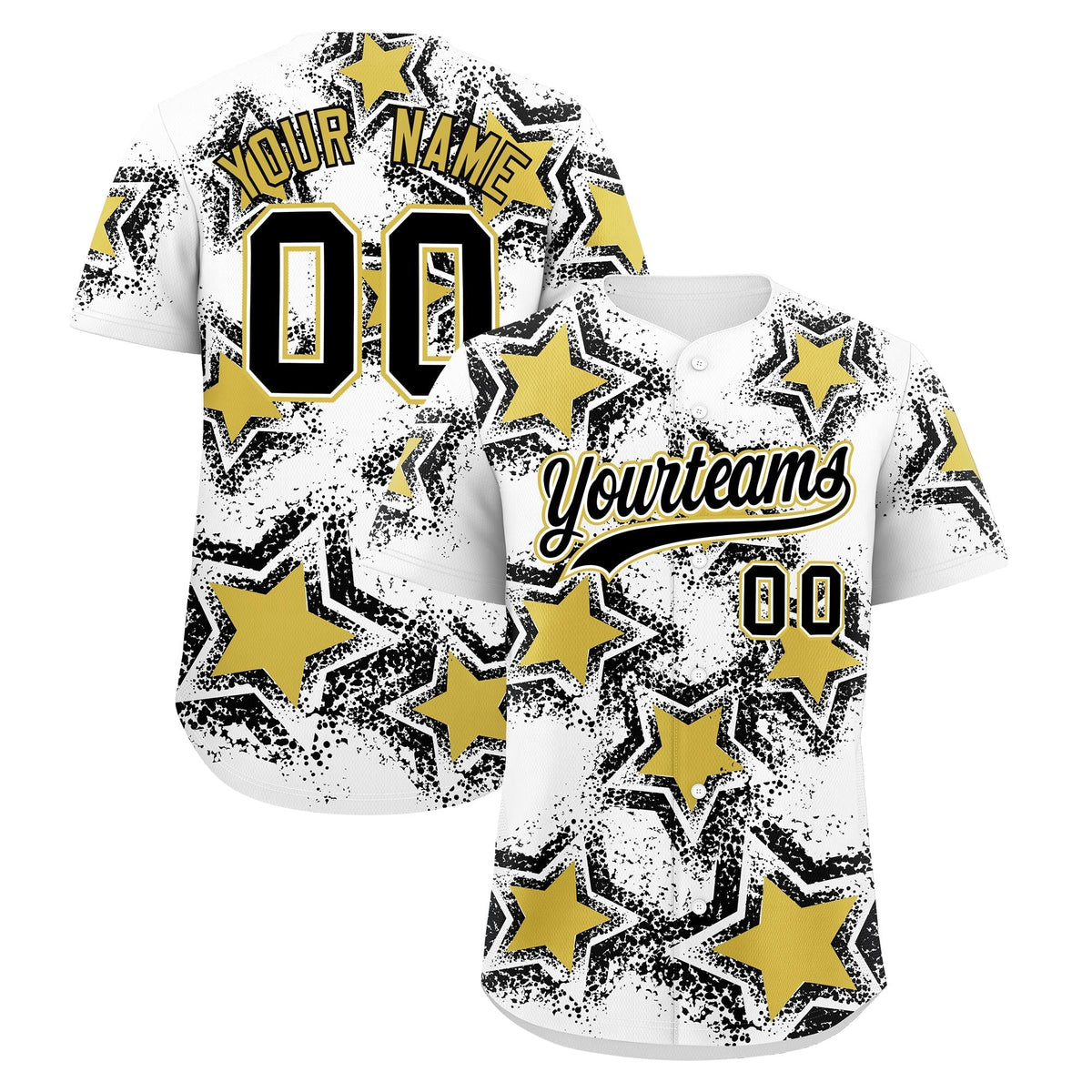 Custom White Black Old Gold Star Graffiti Team Baseball Jerseys With Custom Names, Numbers &amp; Logos Stretch Fabric Baseball Jersey| KXKSHOP