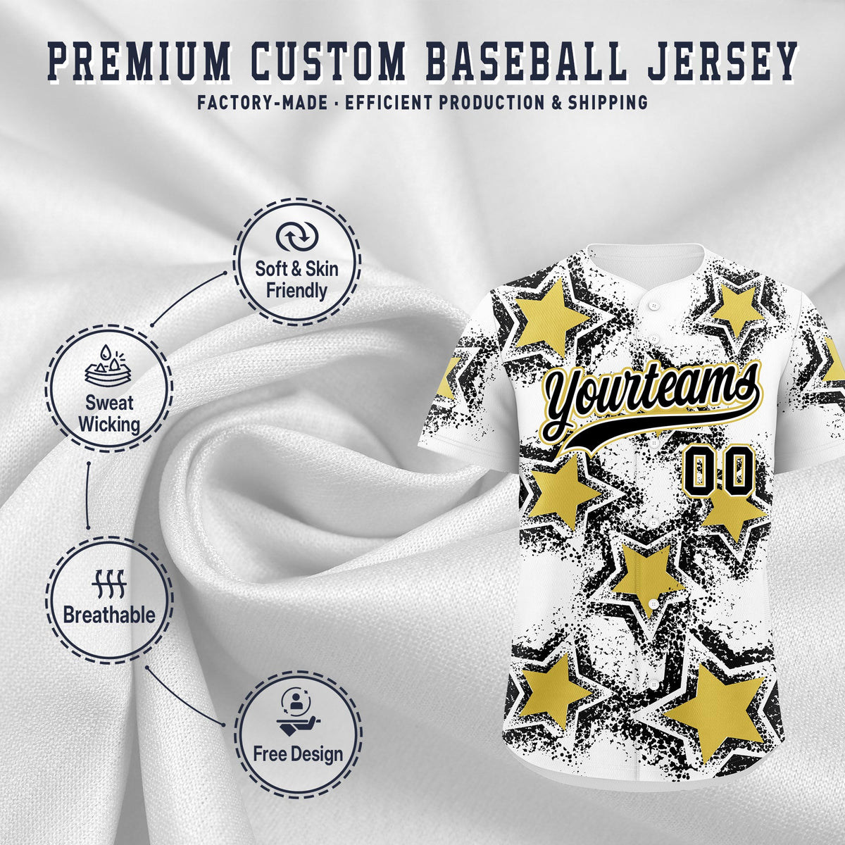 Custom White Black Old Gold Star Graffiti Team Baseball Jerseys With Custom Names, Numbers &amp; Logos Stretch Fabric Baseball Jersey| KXKSHOP
