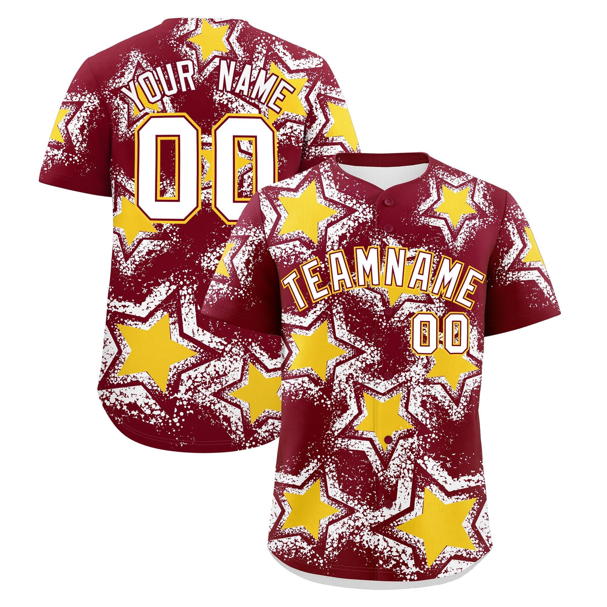 Custom Crimson White Gold Star Graffiti Team Baseball Jerseys With Custom Names, Numbers &amp; Logos Stretch Fabric Baseball Jersey| KXKSHOP