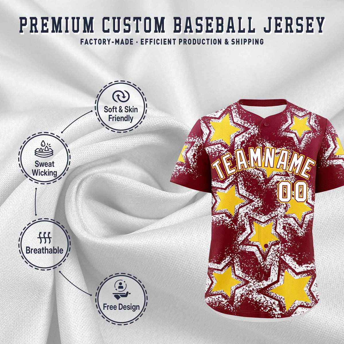Custom Crimson White Gold Star Graffiti Team Baseball Jerseys With Custom Names, Numbers &amp; Logos Stretch Fabric Baseball Jersey| KXKSHOP
