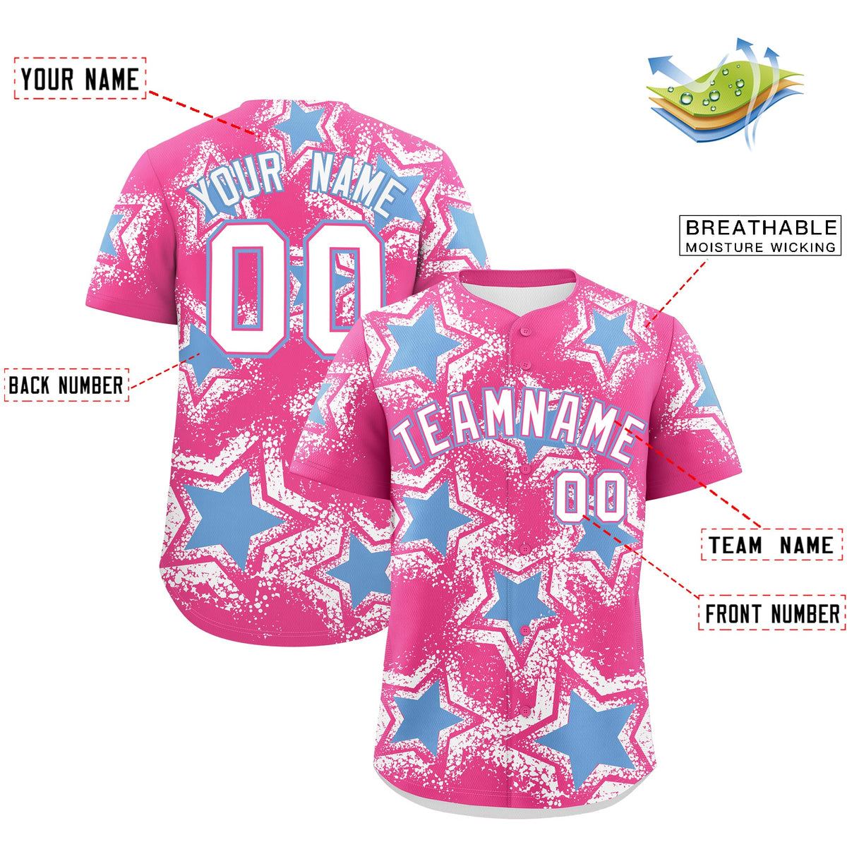Custom Pink White Light Blue Star Graffiti Team Baseball Jerseys With Custom Names, Numbers &amp; Logos Lightweight Baseball Jersey| KXKSHOP