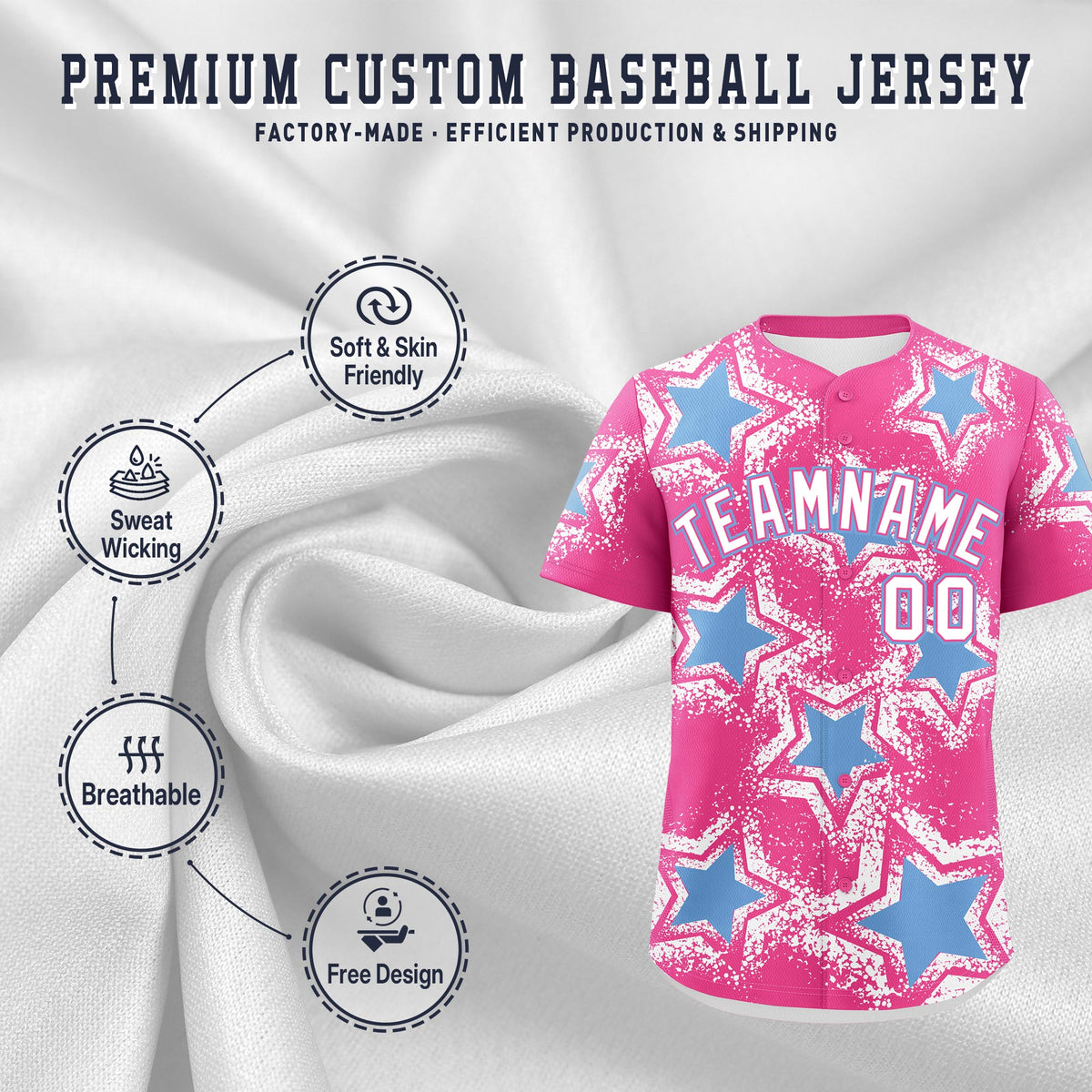 Custom Pink White Light Blue Star Graffiti Team Baseball Jerseys With Custom Names, Numbers &amp; Logos Lightweight Baseball Jersey| KXKSHOP