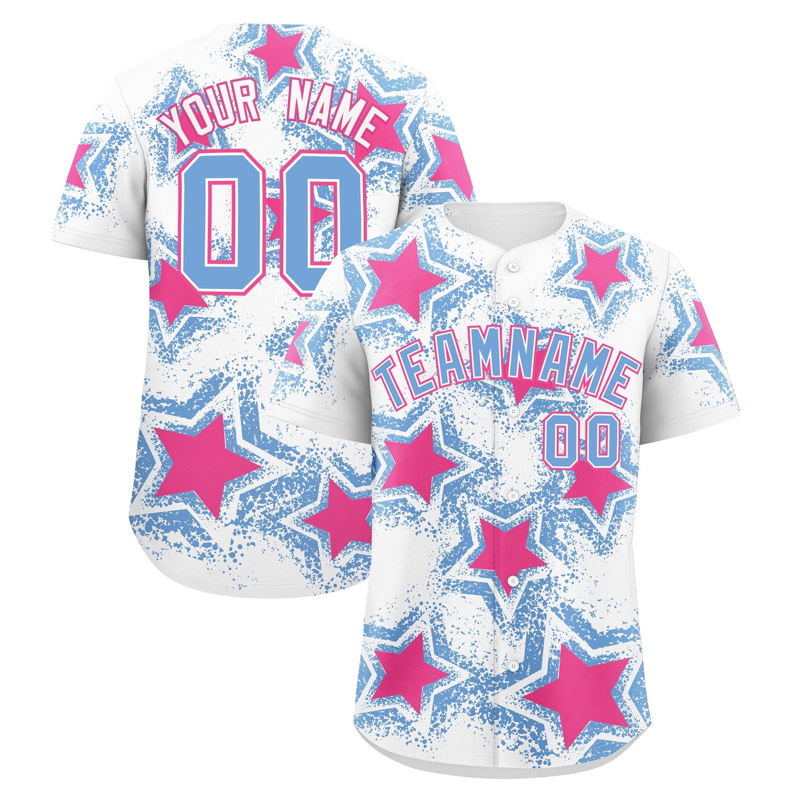 Custom White Light Blue Pink Star Graffiti Team Baseball Jerseys With Custom Names, Numbers & Logos Stretch Fabric Baseball Jersey| KXKSHOP