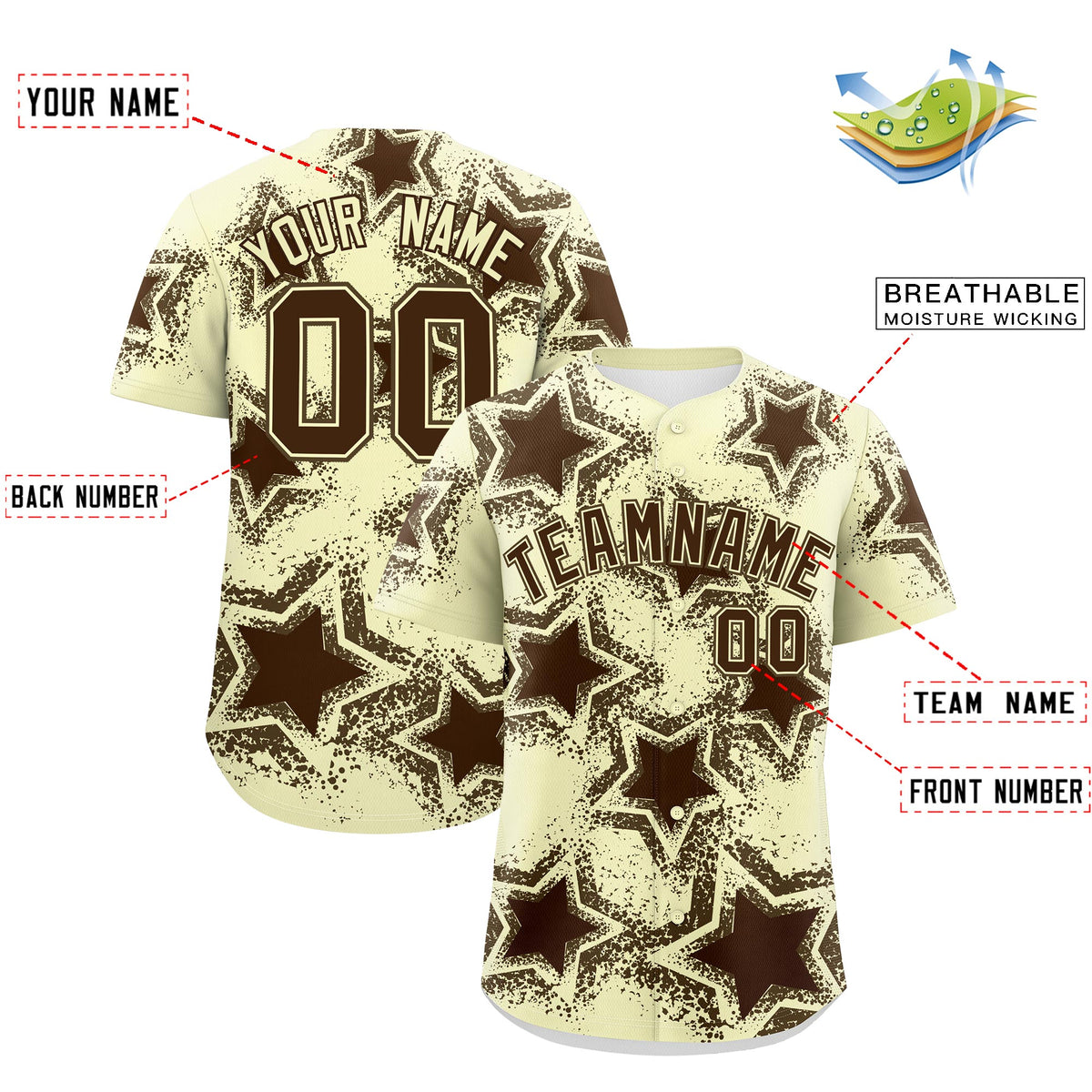 Custom Cream Light Brown Brown Star Graffiti Team Baseball Jerseys With Custom Names, Numbers &amp; Logos Lightweight Baseball Jersey| KXKSHOP