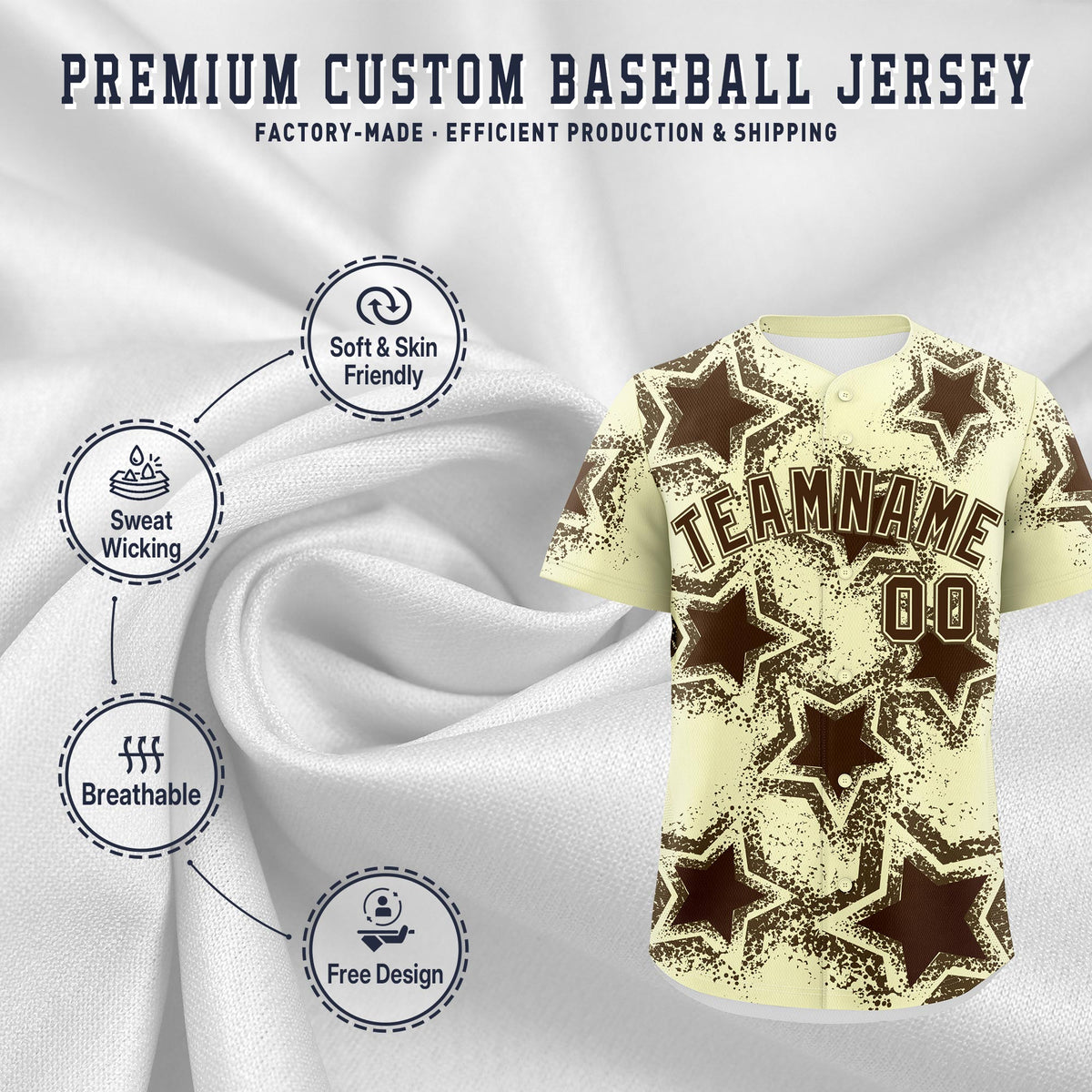 Custom Cream Light Brown Brown Star Graffiti Team Baseball Jerseys With Custom Names, Numbers &amp; Logos Lightweight Baseball Jersey| KXKSHOP