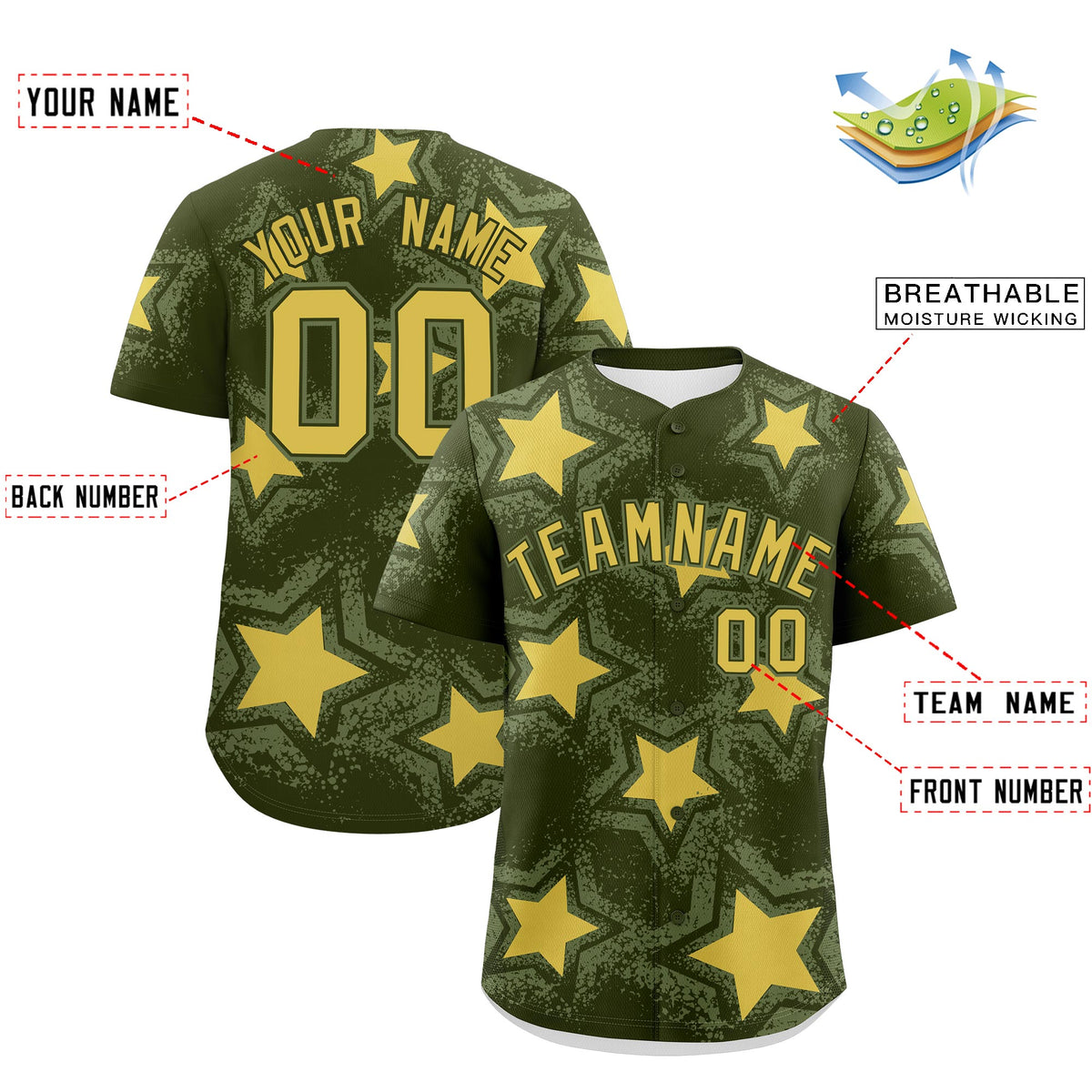 Custom Olive Khaki Star Graffiti Team Baseball Jerseys With Custom Names, Numbers &amp; Logos Stretch Fabric Baseball Jersey| KXKSHOP