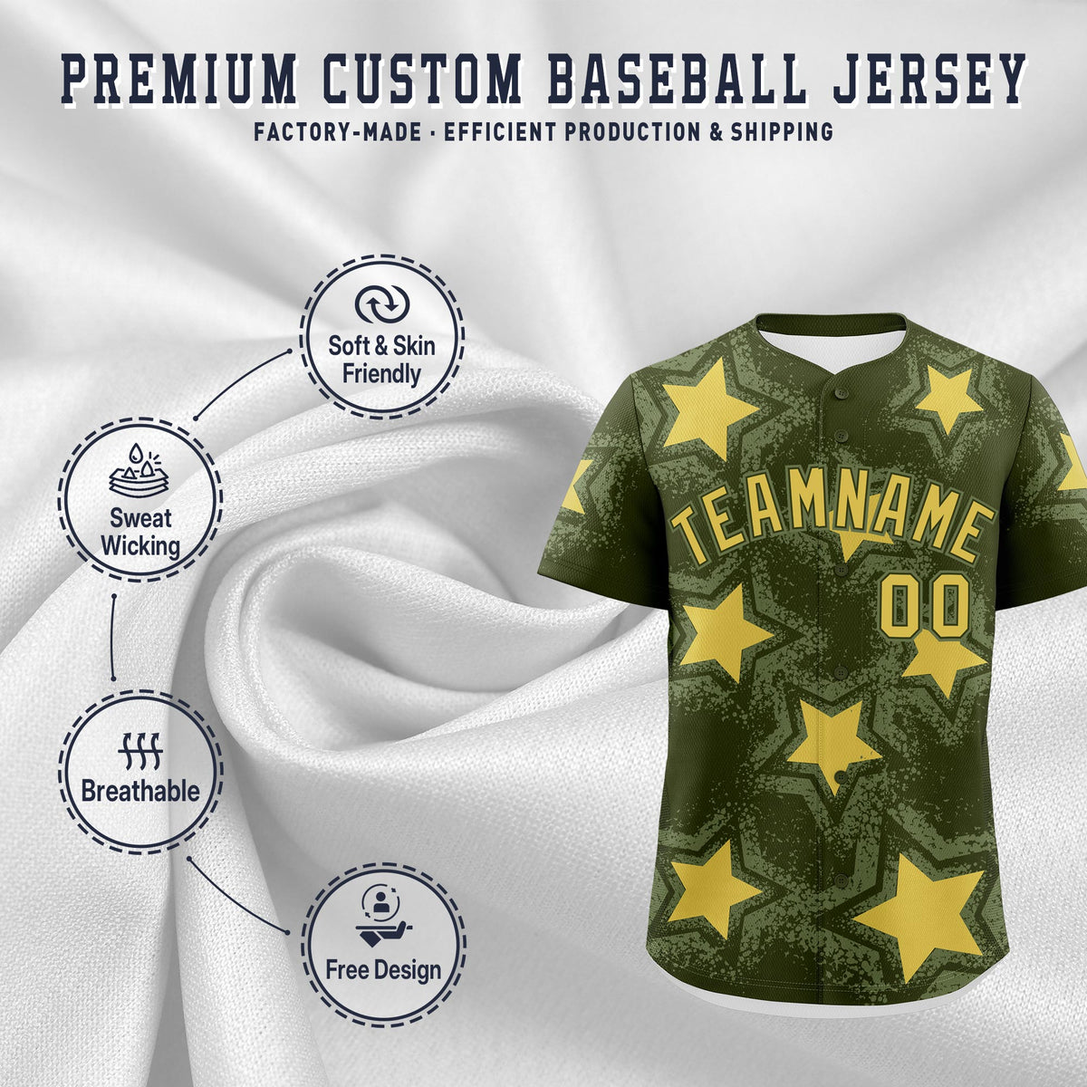 Custom Olive Khaki Star Graffiti Team Baseball Jerseys With Custom Names, Numbers &amp; Logos Stretch Fabric Baseball Jersey| KXKSHOP