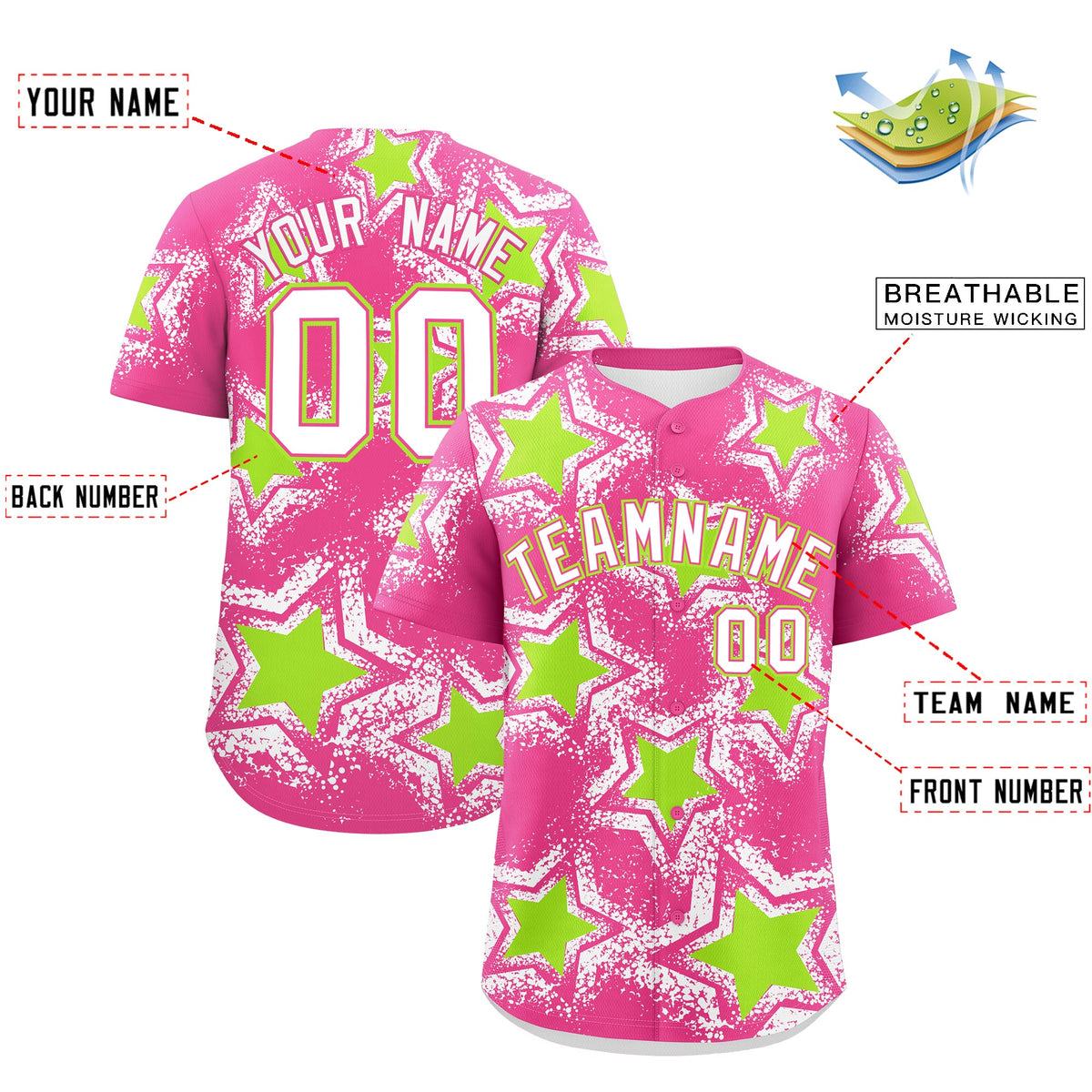 Custom Pink White Neon Green Star Graffiti Team Baseball Jerseys With Custom Names, Numbers &amp; Logos Lightweight Baseball Jersey| KXKSHOP