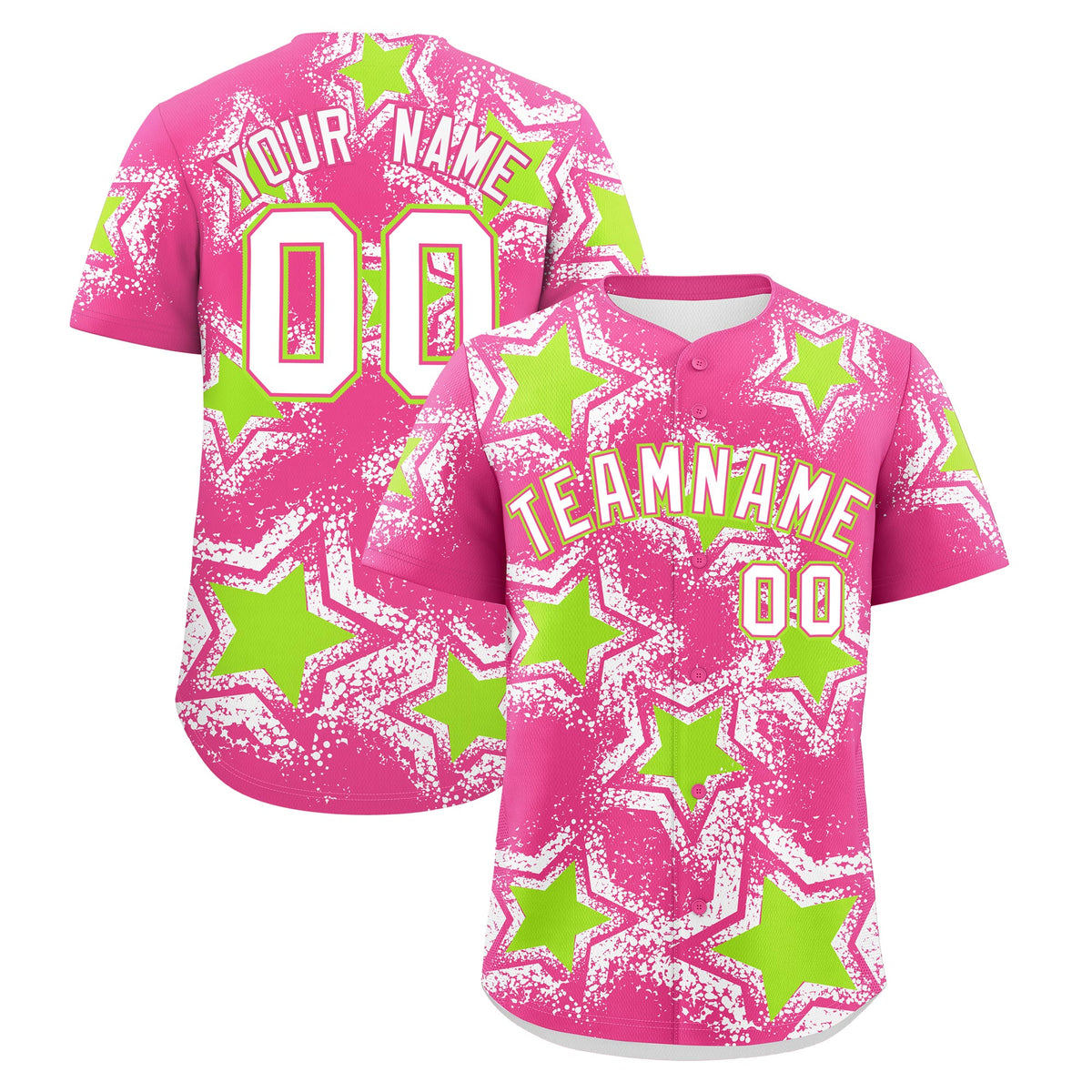 Custom Pink White Neon Green Star Graffiti Team Baseball Jerseys With Custom Names, Numbers &amp; Logos Lightweight Baseball Jersey| KXKSHOP