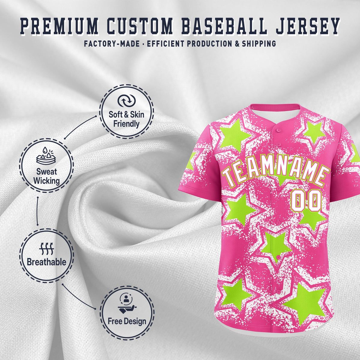 Custom Pink White Neon Green Star Graffiti Team Baseball Jerseys With Custom Names, Numbers &amp; Logos Lightweight Baseball Jersey| KXKSHOP