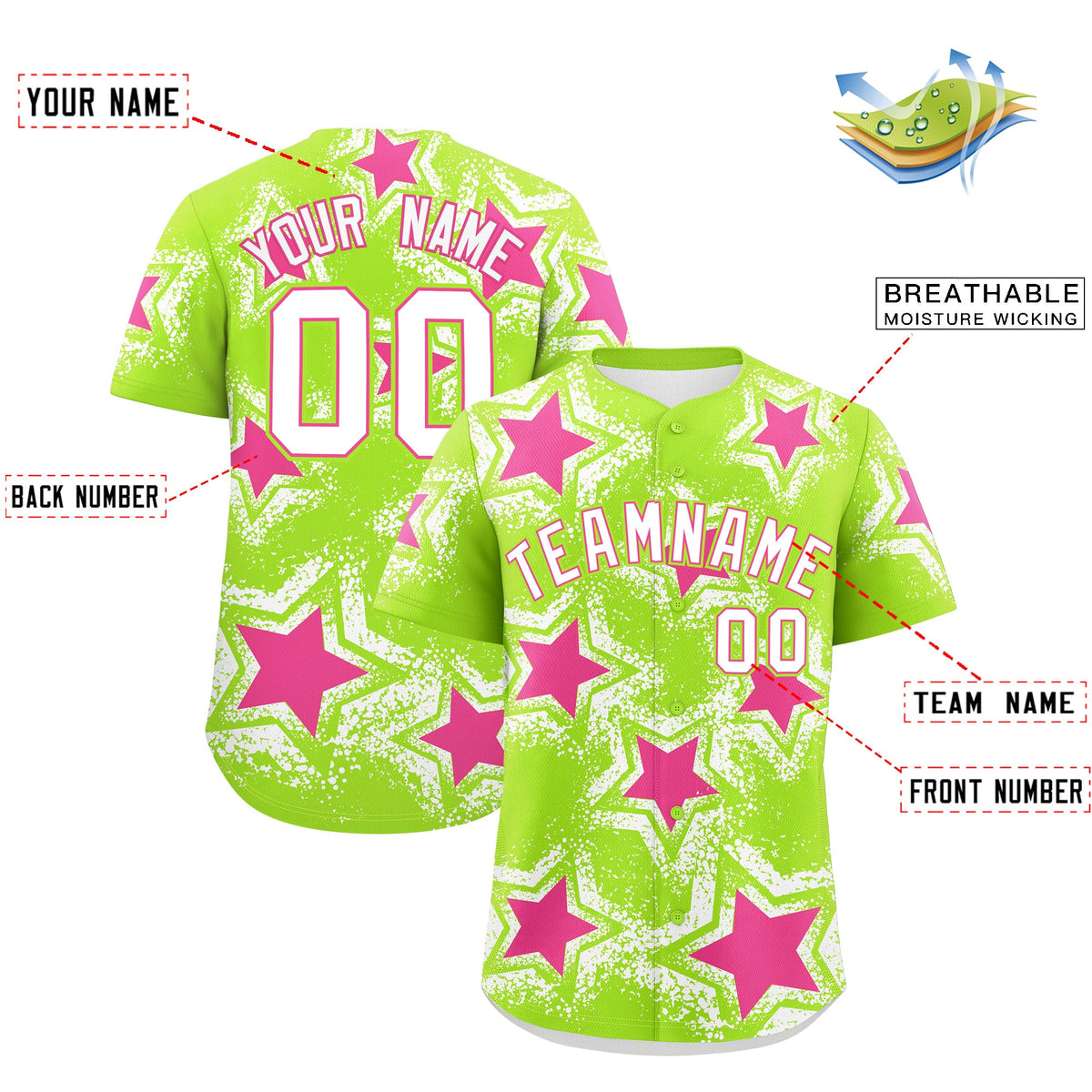 Custom Neon Green White Pink Star Graffiti Team Baseball Jerseys With Custom Names, Numbers &amp; Logos Stretch Fabric Baseball Jersey| KXKSHOP