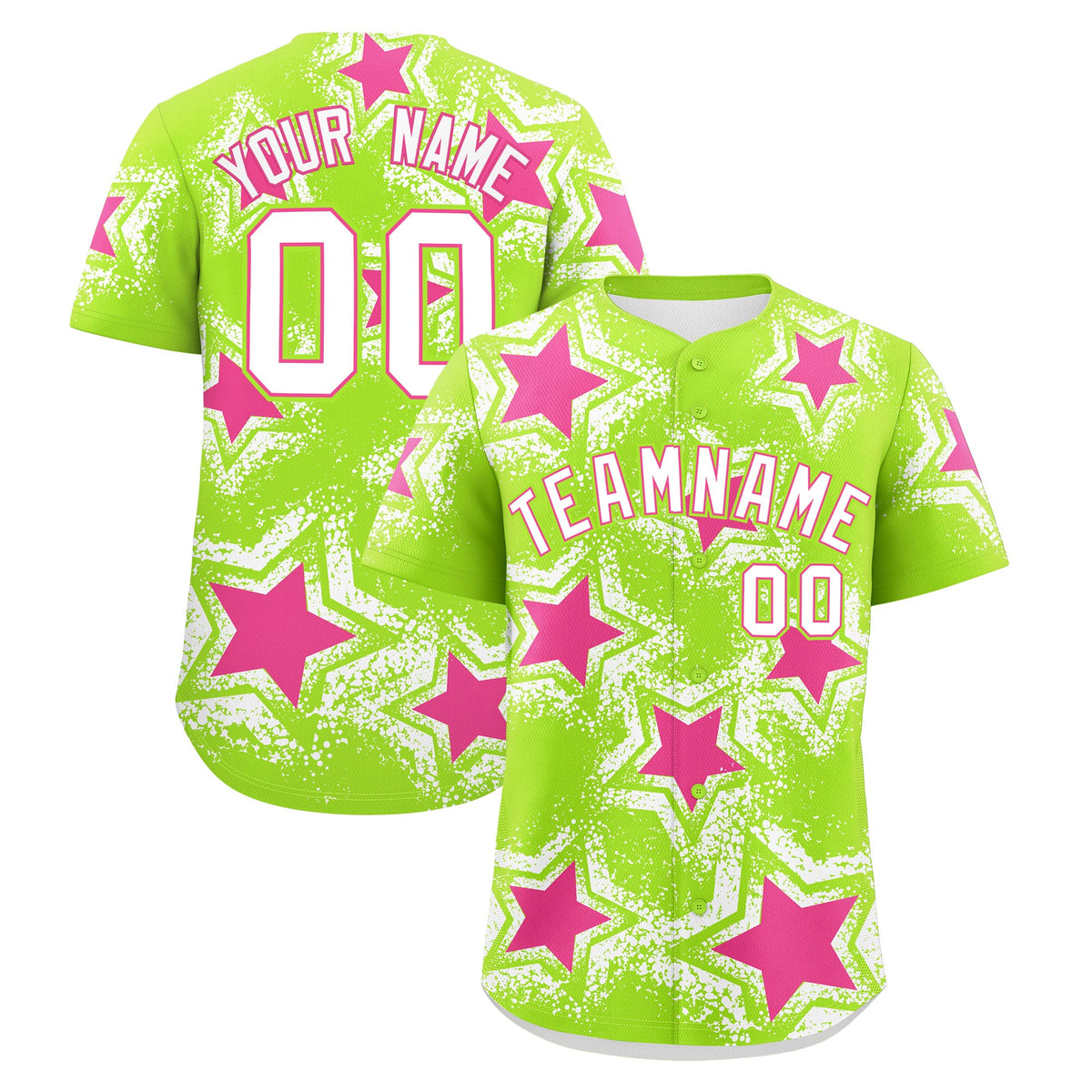 Custom Neon Green White Pink Star Graffiti Team Baseball Jerseys With Custom Names, Numbers &amp; Logos Stretch Fabric Baseball Jersey| KXKSHOP