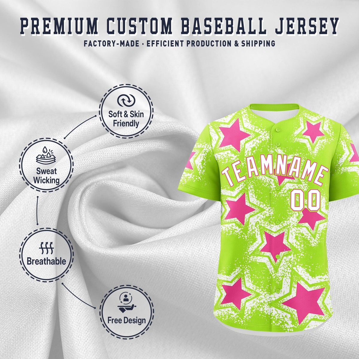 Custom Neon Green White Pink Star Graffiti Team Baseball Jerseys With Custom Names, Numbers &amp; Logos Stretch Fabric Baseball Jersey| KXKSHOP