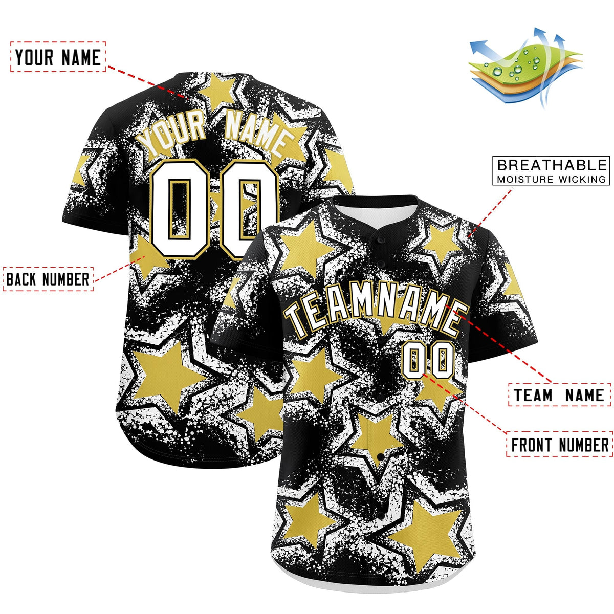 Custom Black White Old Gold Star Graffiti Team Baseball Jerseys With Custom Names, Numbers &amp; Logos Lightweight Baseball Jersey| KXKSHOP