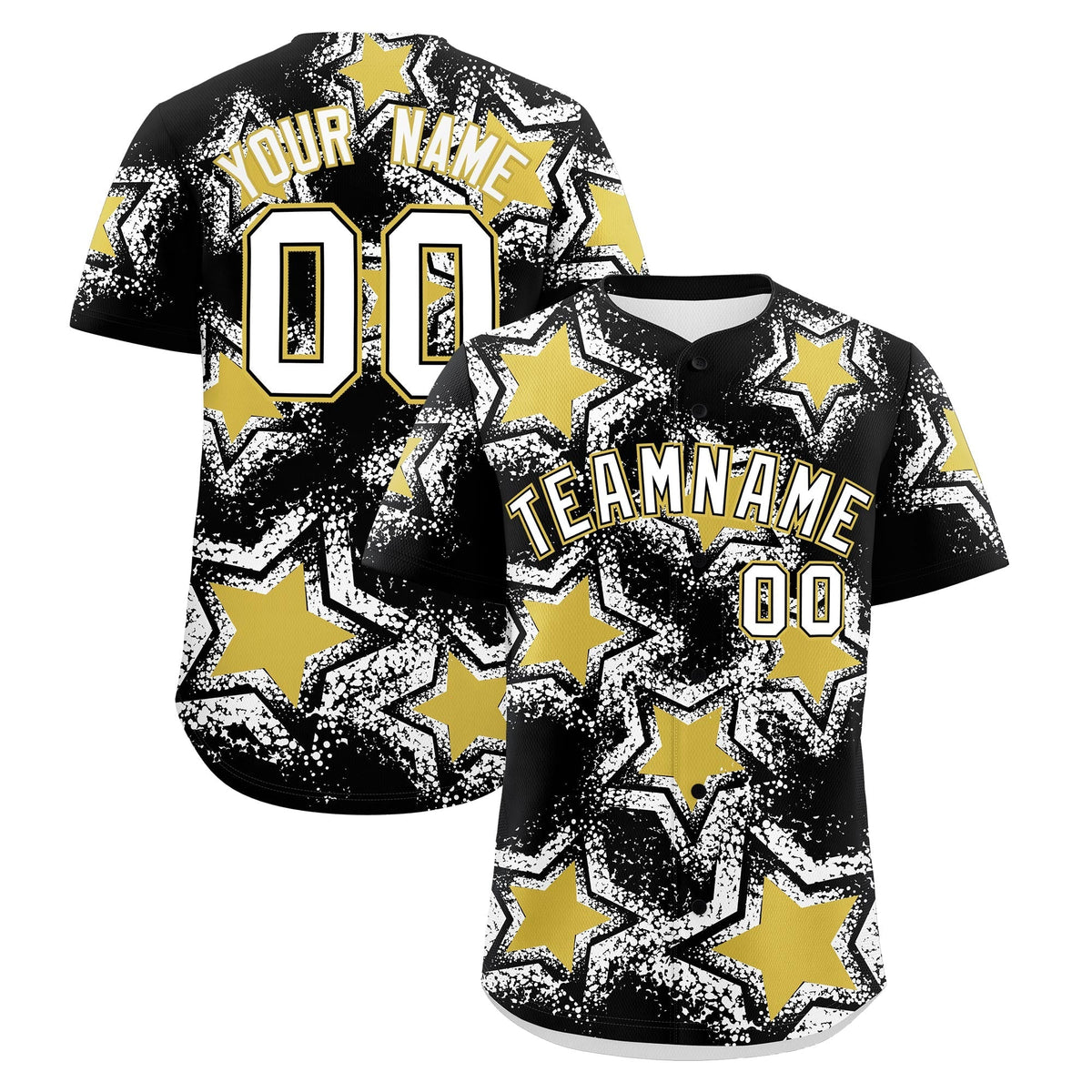 Custom Black White Old Gold Star Graffiti Team Baseball Jerseys With Custom Names, Numbers &amp; Logos Lightweight Baseball Jersey| KXKSHOP