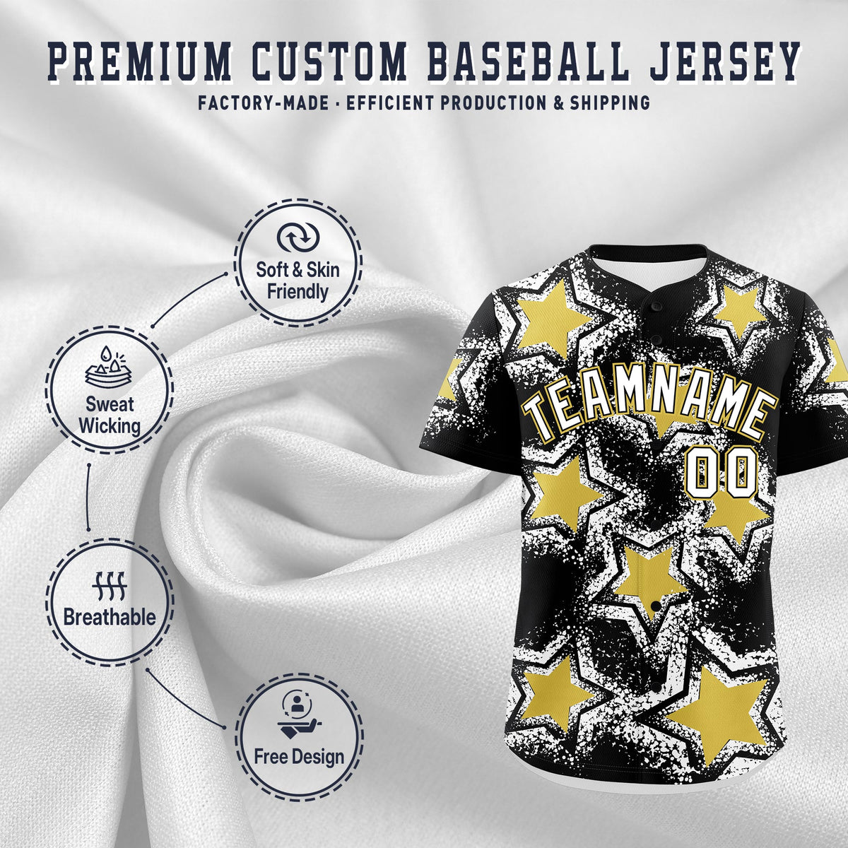 Custom Black White Old Gold Star Graffiti Team Baseball Jerseys With Custom Names, Numbers &amp; Logos Lightweight Baseball Jersey| KXKSHOP