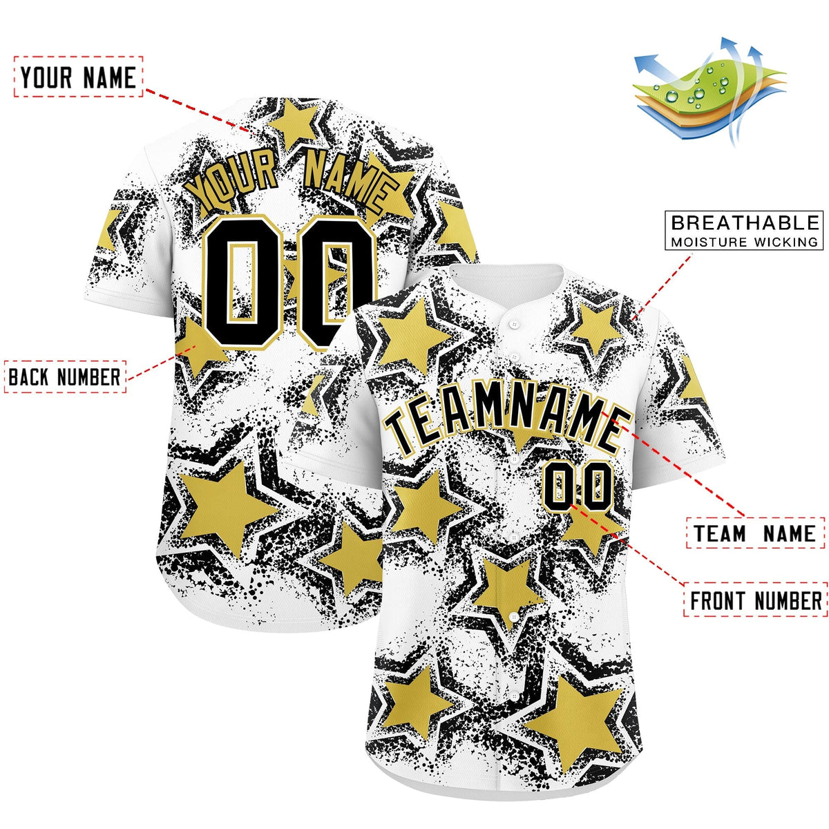 Custom White Black Old Gold Star Graffiti Team Baseball Jerseys With Custom Names, Numbers &amp; Logos Stretch Fabric Baseball Jersey| KXKSHOP