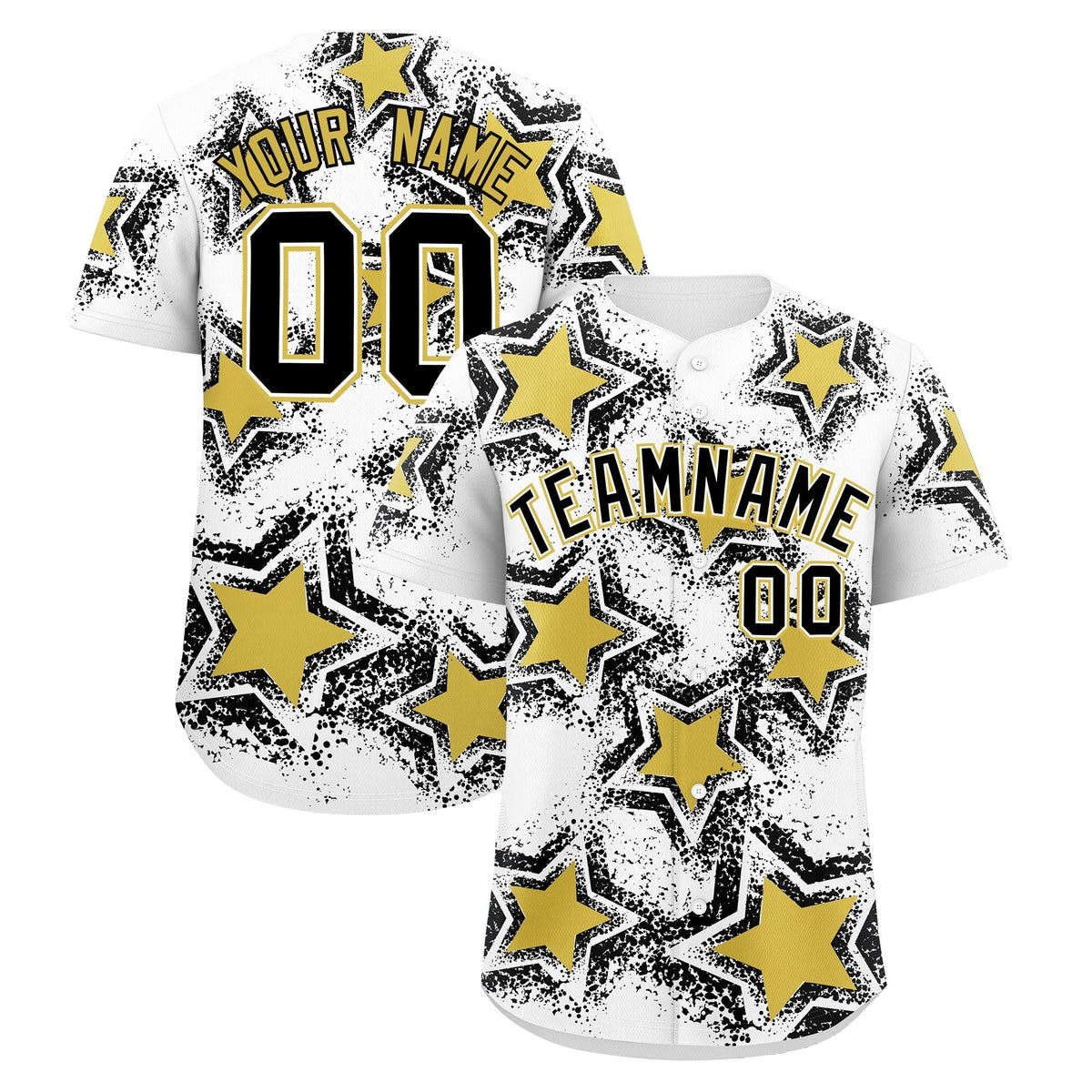 Custom White Black Old Gold Star Graffiti Team Baseball Jerseys With Custom Names, Numbers &amp; Logos Stretch Fabric Baseball Jersey| KXKSHOP
