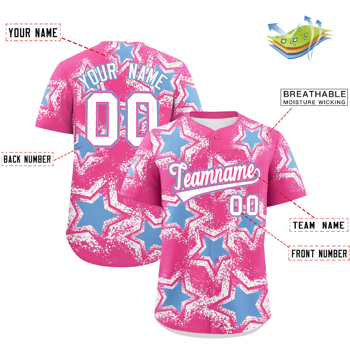 Custom Pink White Light Blue Star Graffiti Team Baseball Jerseys With Custom Names, Numbers &amp; Logos Lightweight Baseball Jersey| KXKSHOP