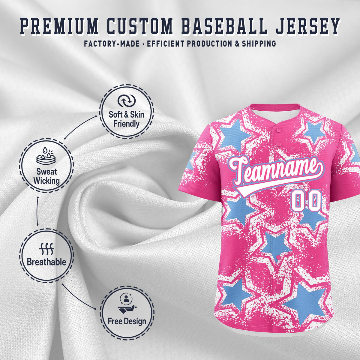 Custom Pink White Light Blue Star Graffiti Team Baseball Jerseys With Custom Names, Numbers &amp; Logos Lightweight Baseball Jersey| KXKSHOP