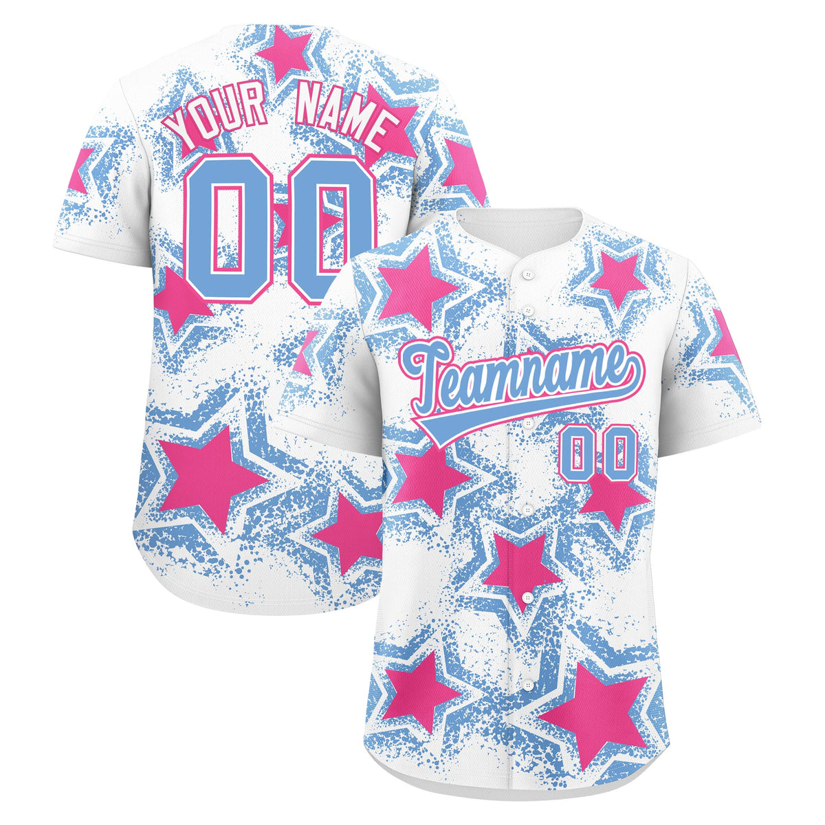 Custom White Light Blue Pink Star Graffiti Team Baseball Jerseys With Custom Names, Numbers & Logos Stretch Fabric Baseball Jersey| KXKSHOP