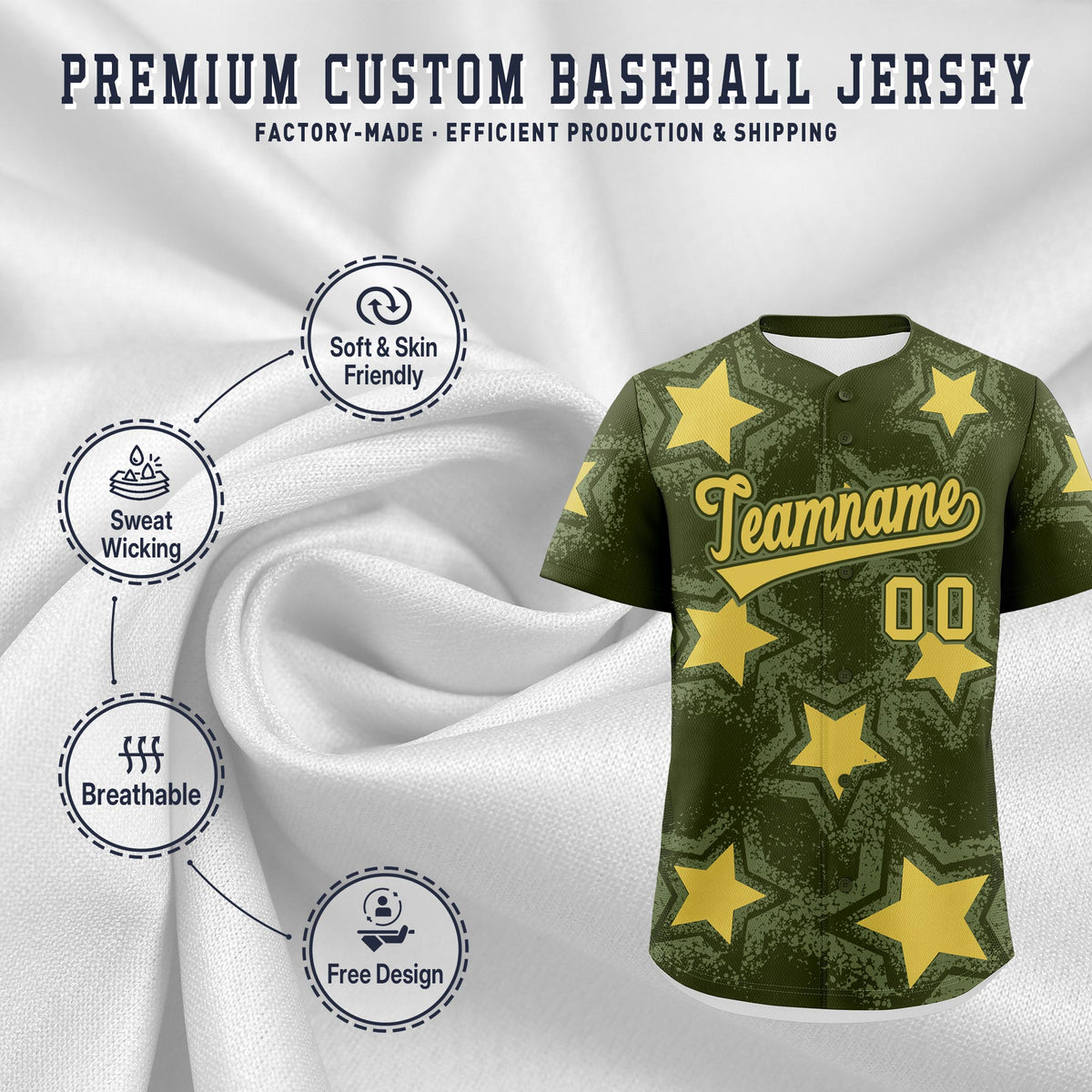Custom Olive Khaki Star Graffiti Team Baseball Jerseys With Custom Names, Numbers &amp; Logos Stretch Fabric Baseball Jersey| KXKSHOP