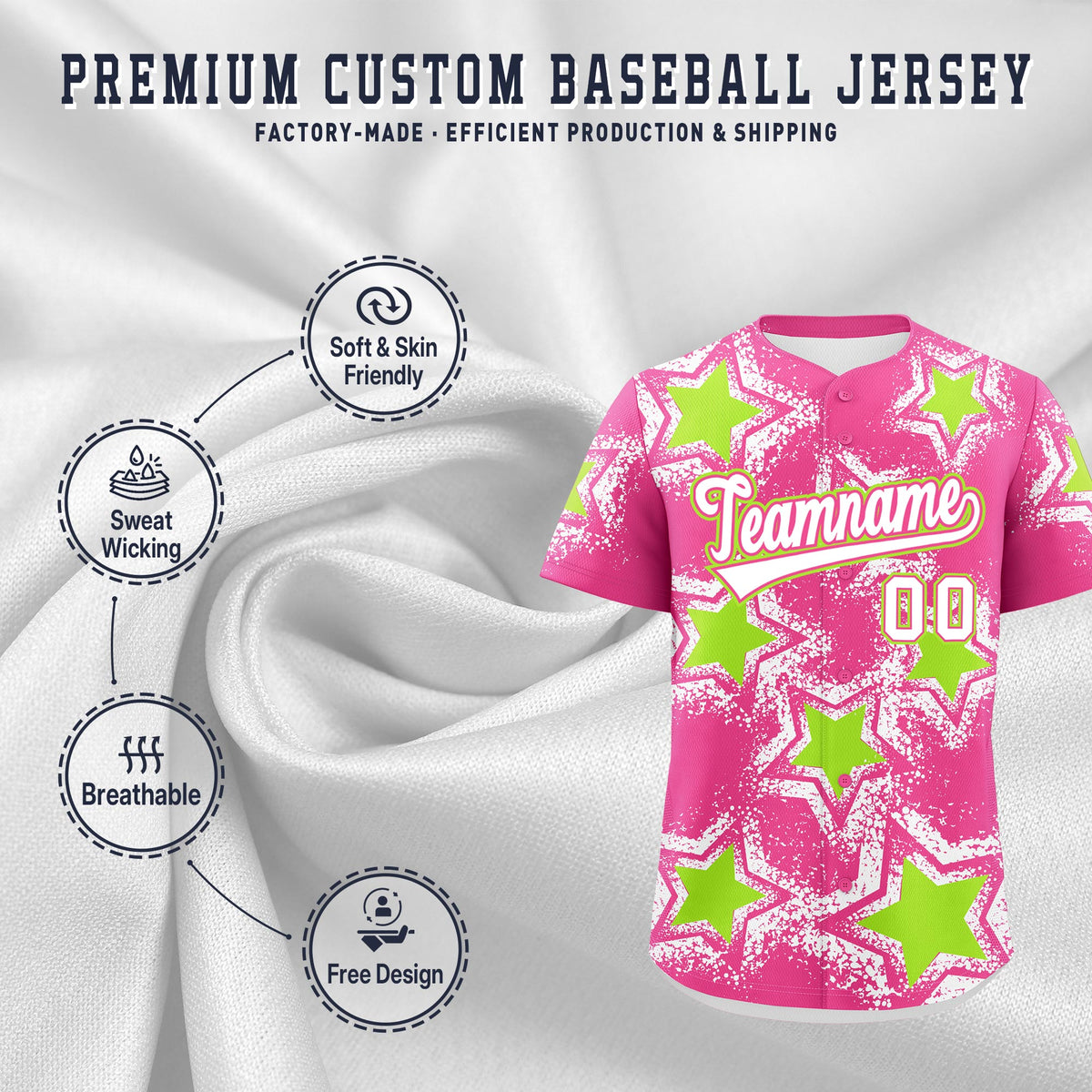 Custom Pink White Neon Green Star Graffiti Team Baseball Jerseys With Custom Names, Numbers &amp; Logos Lightweight Baseball Jersey| KXKSHOP