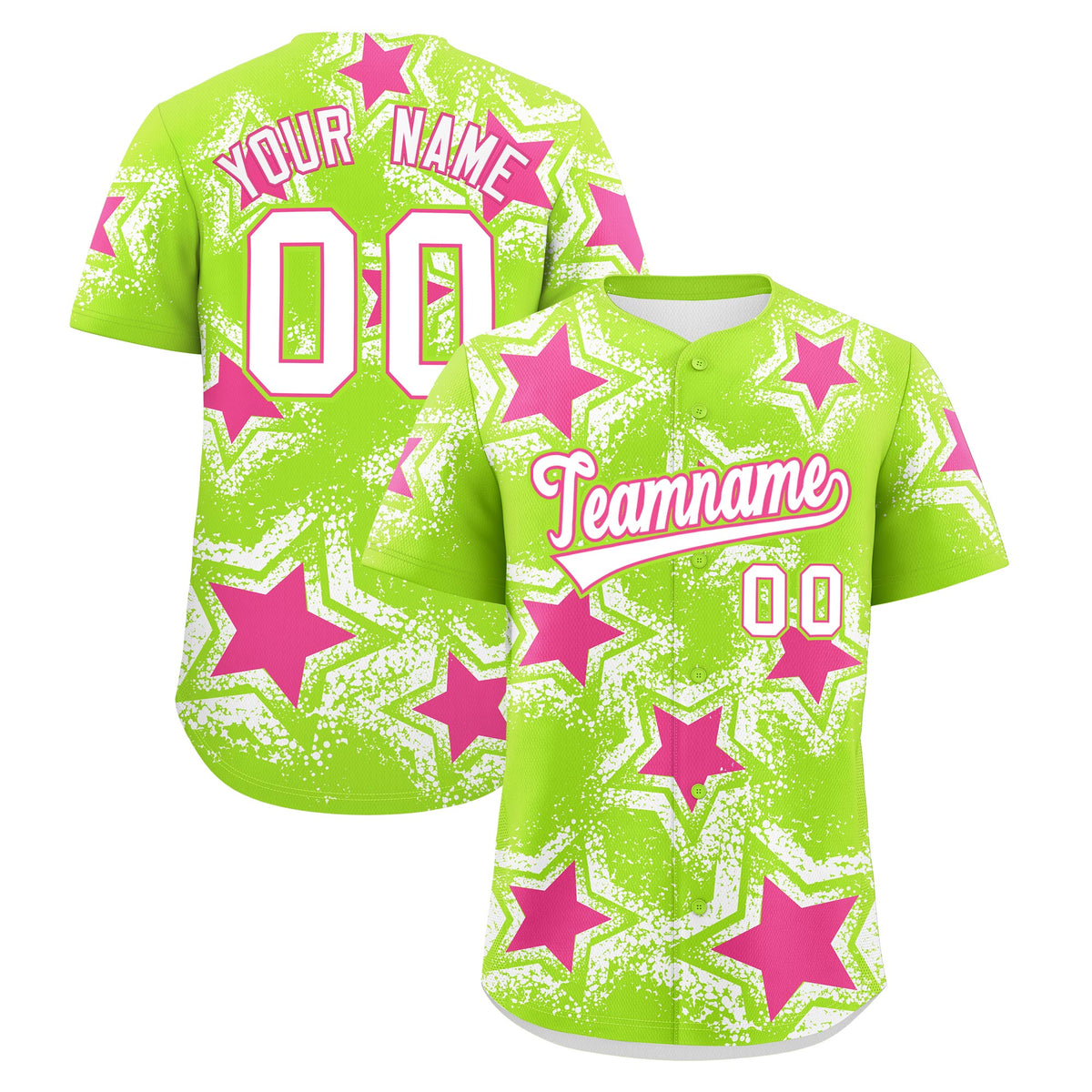 Custom Neon Green White Pink Star Graffiti Team Baseball Jerseys With Custom Names, Numbers &amp; Logos Stretch Fabric Baseball Jersey| KXKSHOP