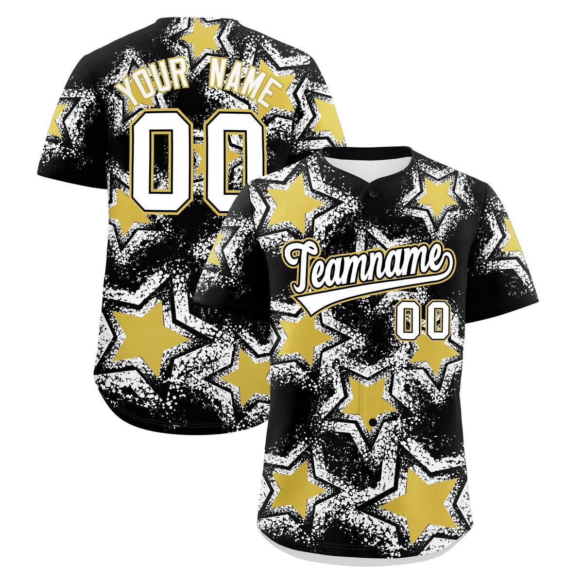 Custom Black White Old Gold Star Graffiti Team Baseball Jerseys With Custom Names, Numbers &amp; Logos Lightweight Baseball Jersey| KXKSHOP