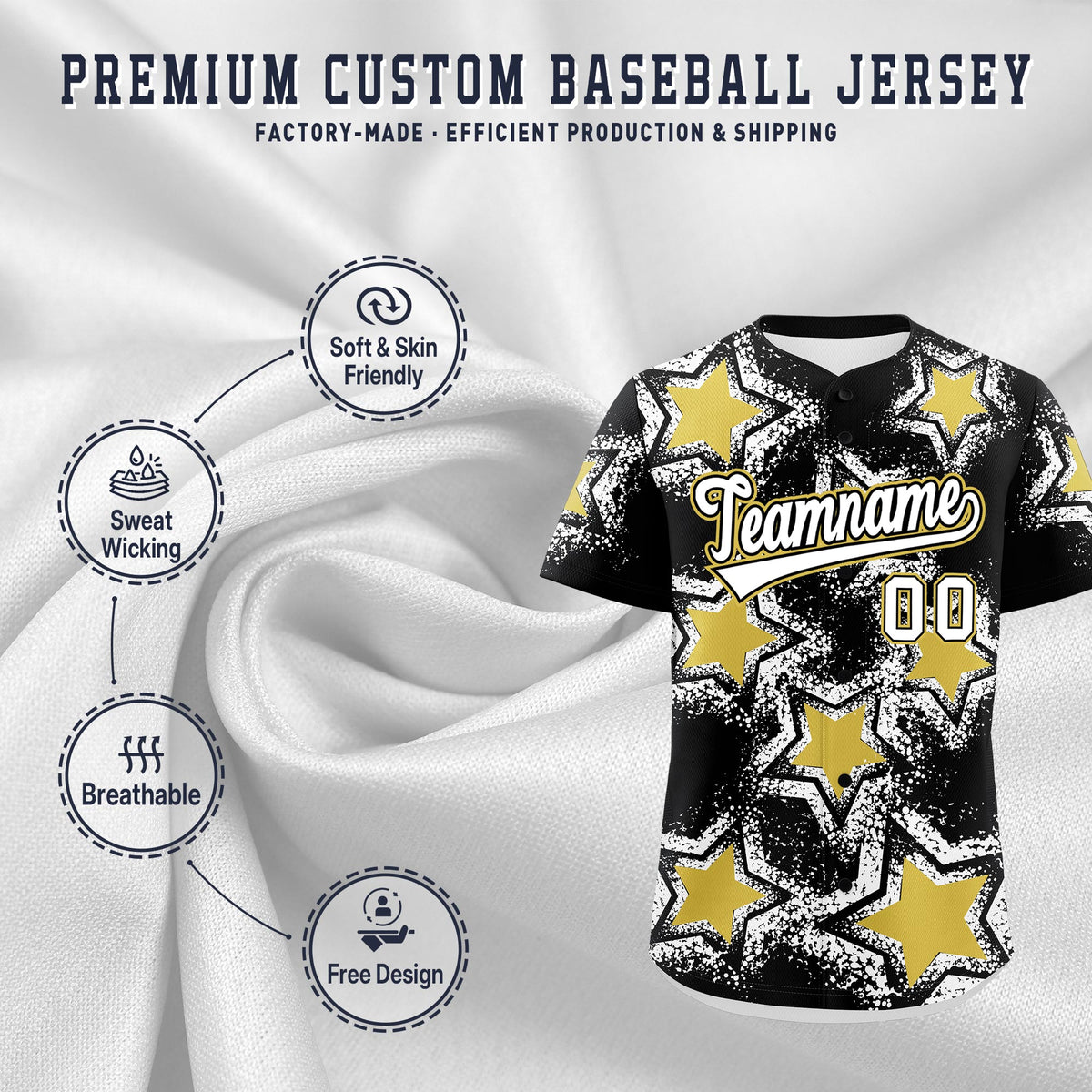 Custom Black White Old Gold Star Graffiti Team Baseball Jerseys With Custom Names, Numbers &amp; Logos Lightweight Baseball Jersey| KXKSHOP