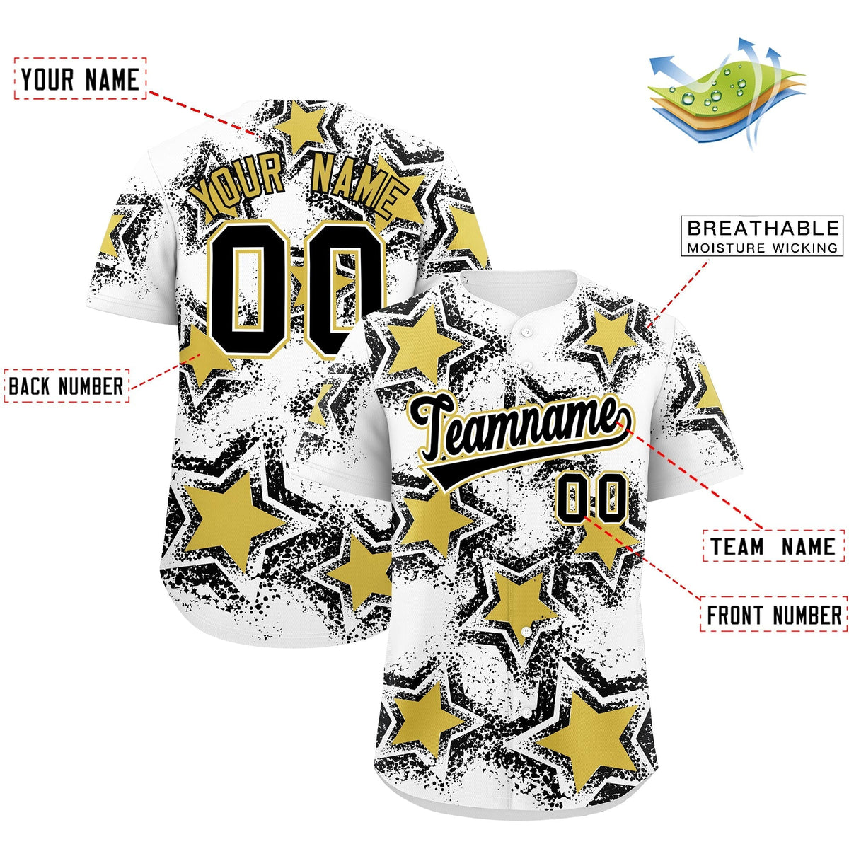 Custom White Black Old Gold Star Graffiti Team Baseball Jerseys With Custom Names, Numbers &amp; Logos Stretch Fabric Baseball Jersey| KXKSHOP