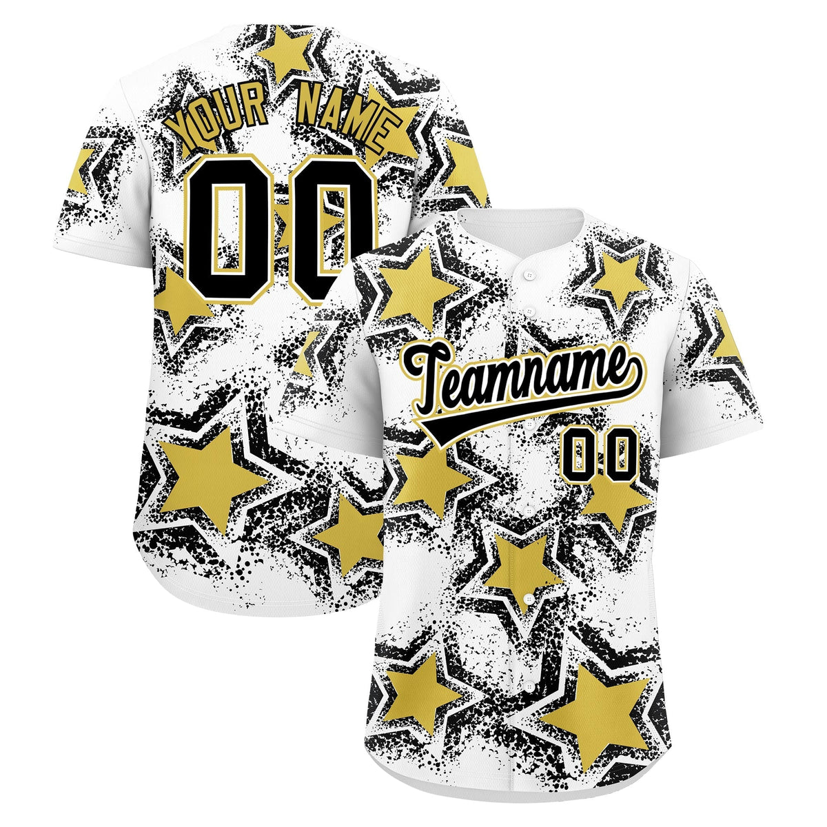 Custom White Black Old Gold Star Graffiti Team Baseball Jerseys With Custom Names, Numbers &amp; Logos Stretch Fabric Baseball Jersey| KXKSHOP