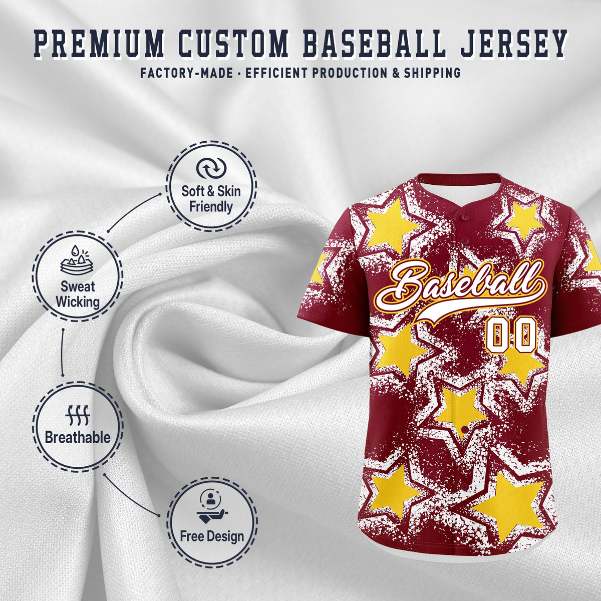 Custom Crimson White Gold Star Graffiti Team Baseball Jerseys With Custom Names, Numbers &amp; Logos Stretch Fabric Baseball Jersey| KXKSHOP