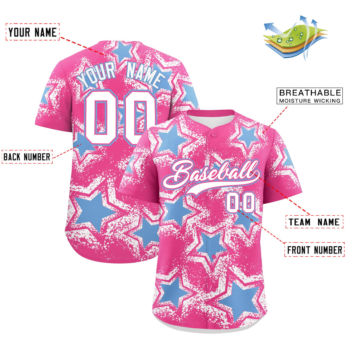 Custom Pink White Light Blue Star Graffiti Team Baseball Jerseys With Custom Names, Numbers &amp; Logos Lightweight Baseball Jersey| KXKSHOP