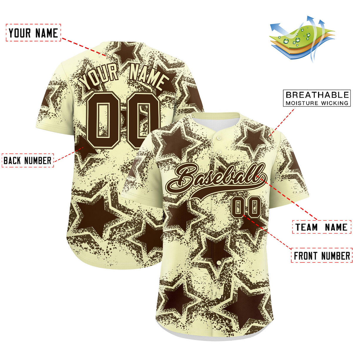Custom Cream Light Brown Brown Star Graffiti Team Baseball Jerseys With Custom Names, Numbers &amp; Logos Lightweight Baseball Jersey| KXKSHOP