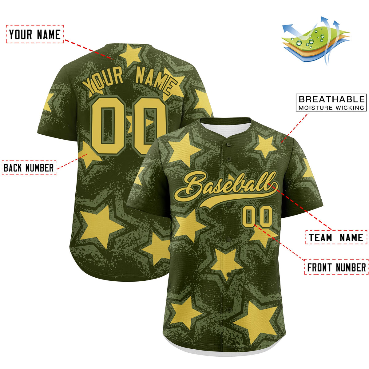 Custom Olive Khaki Star Graffiti Team Baseball Jerseys With Custom Names, Numbers &amp; Logos Stretch Fabric Baseball Jersey| KXKSHOP